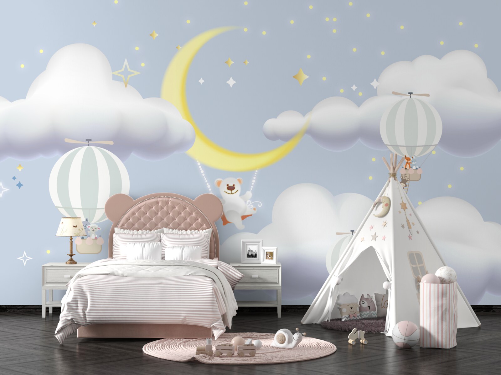 Fototapet ursul este pe lună și animalele sunt în baloane făcute din aer