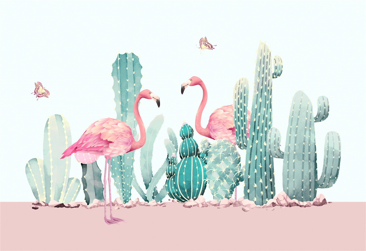 Fototapet flamingo roz printre cactuși