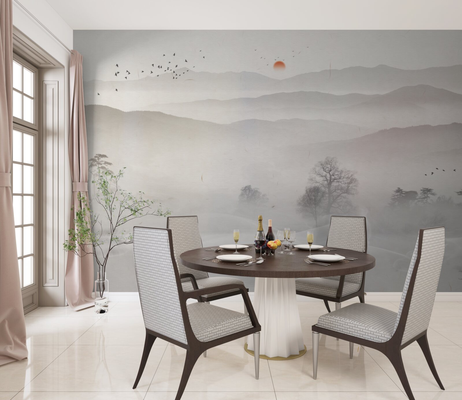 Fototapet zorii dimineții și un om singur într-o barcă