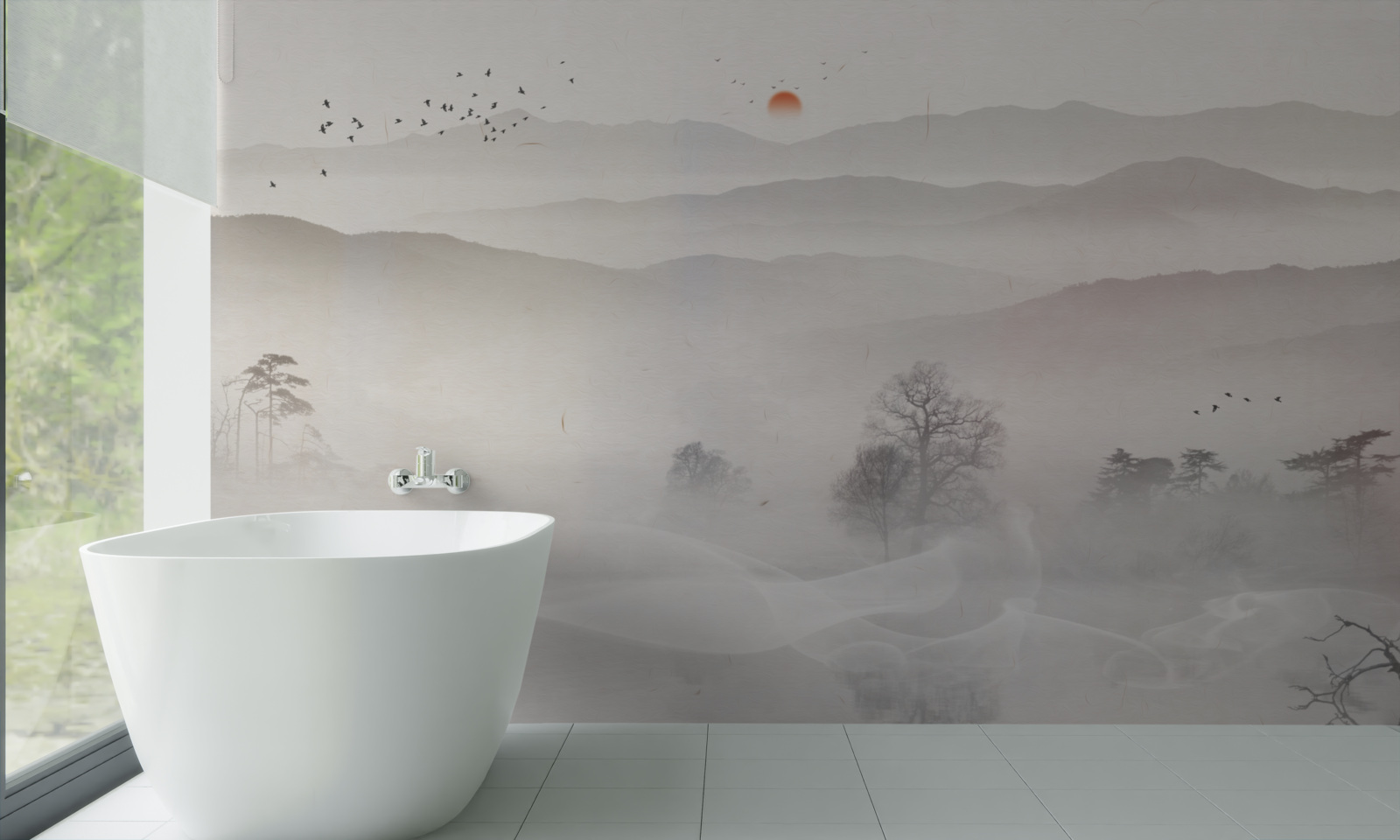 Fototapet zorii dimineții și un om singur într-o barcă