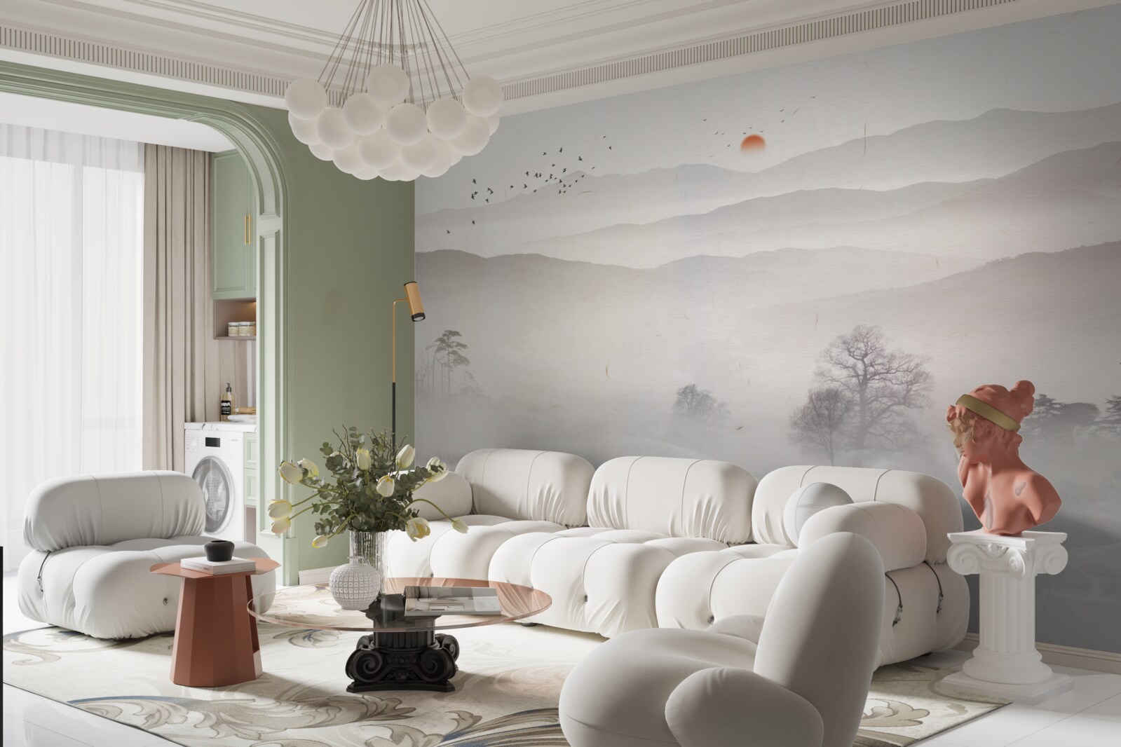 Fototapet zorii dimineții și un om singur într-o barcă