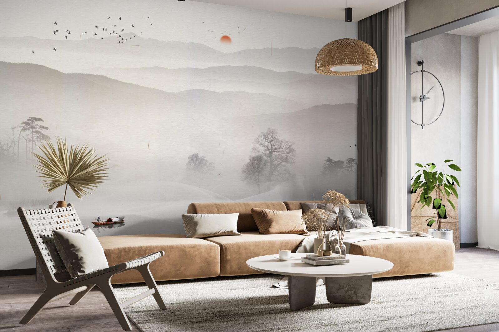 Fototapet zorii dimineții și un om singur într-o barcă