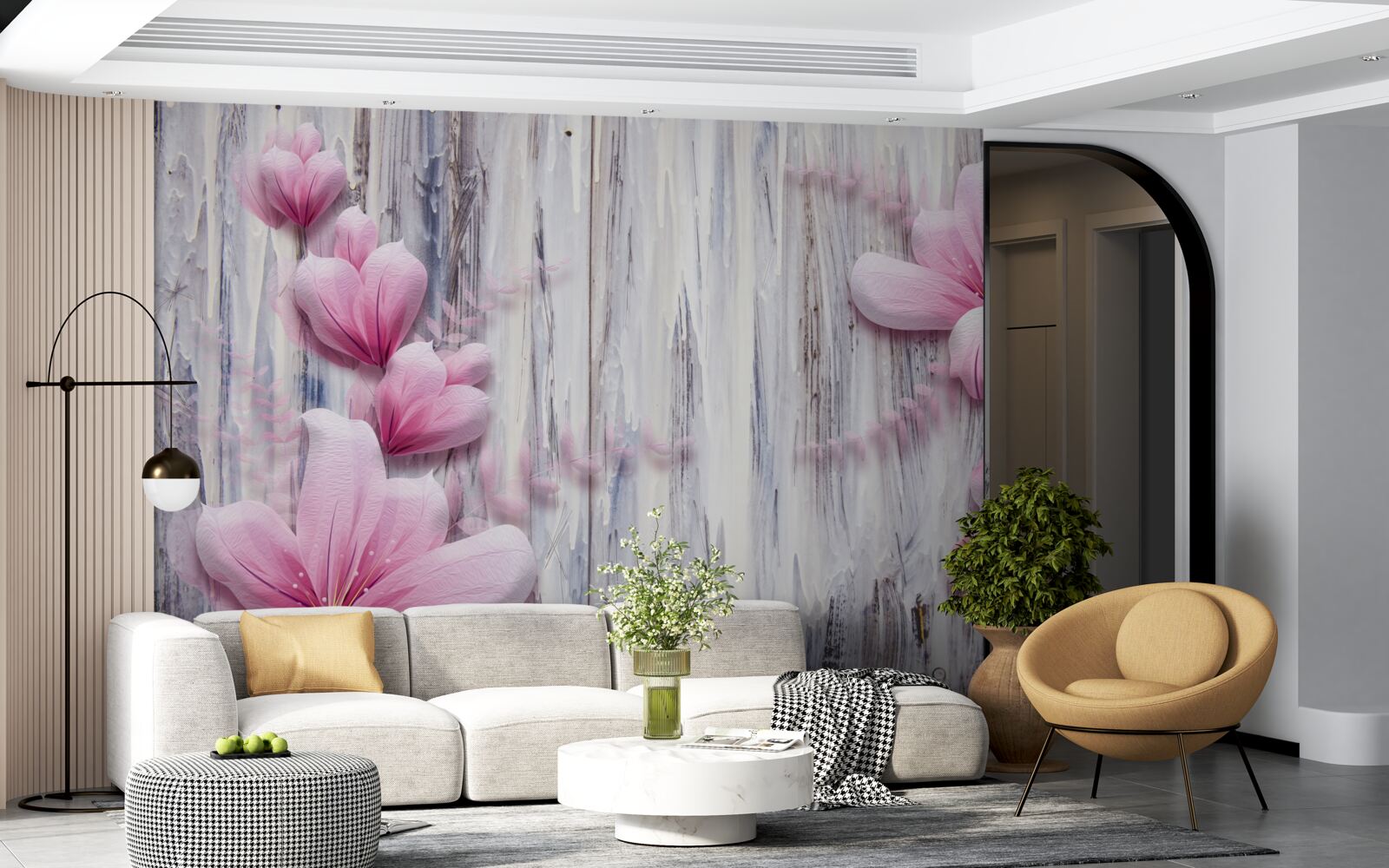 Fototapet flori roz pe perete în diferite nuanțe