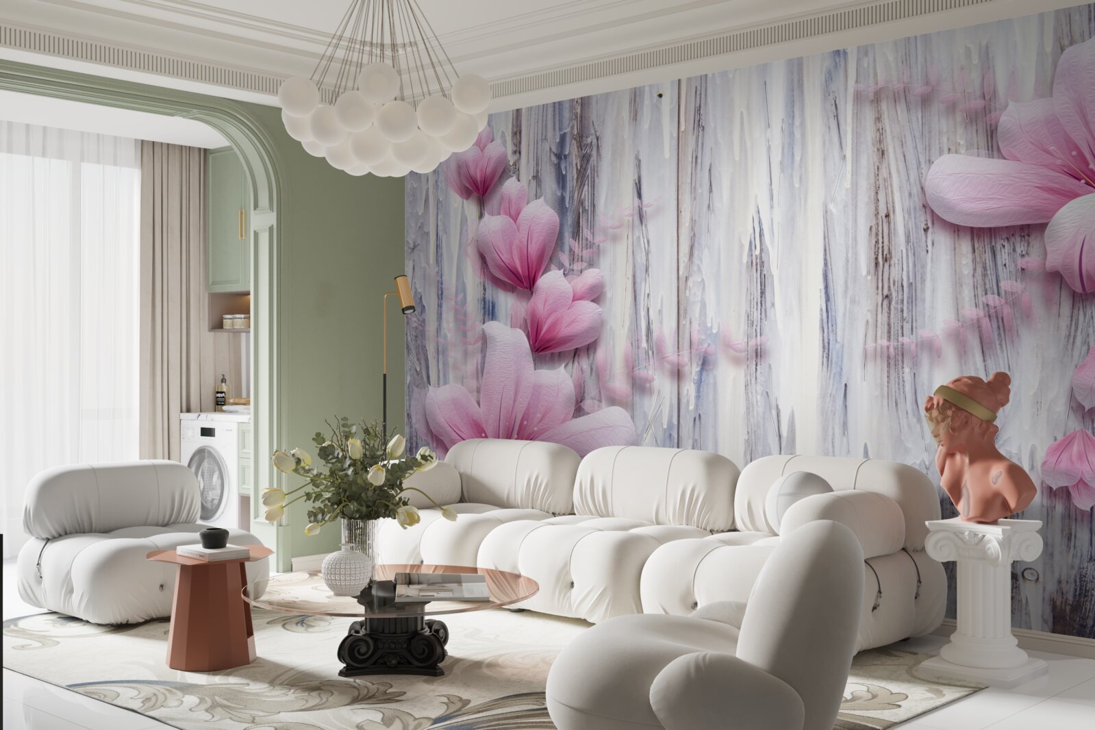 Fototapet flori roz pe perete în diferite nuanțe