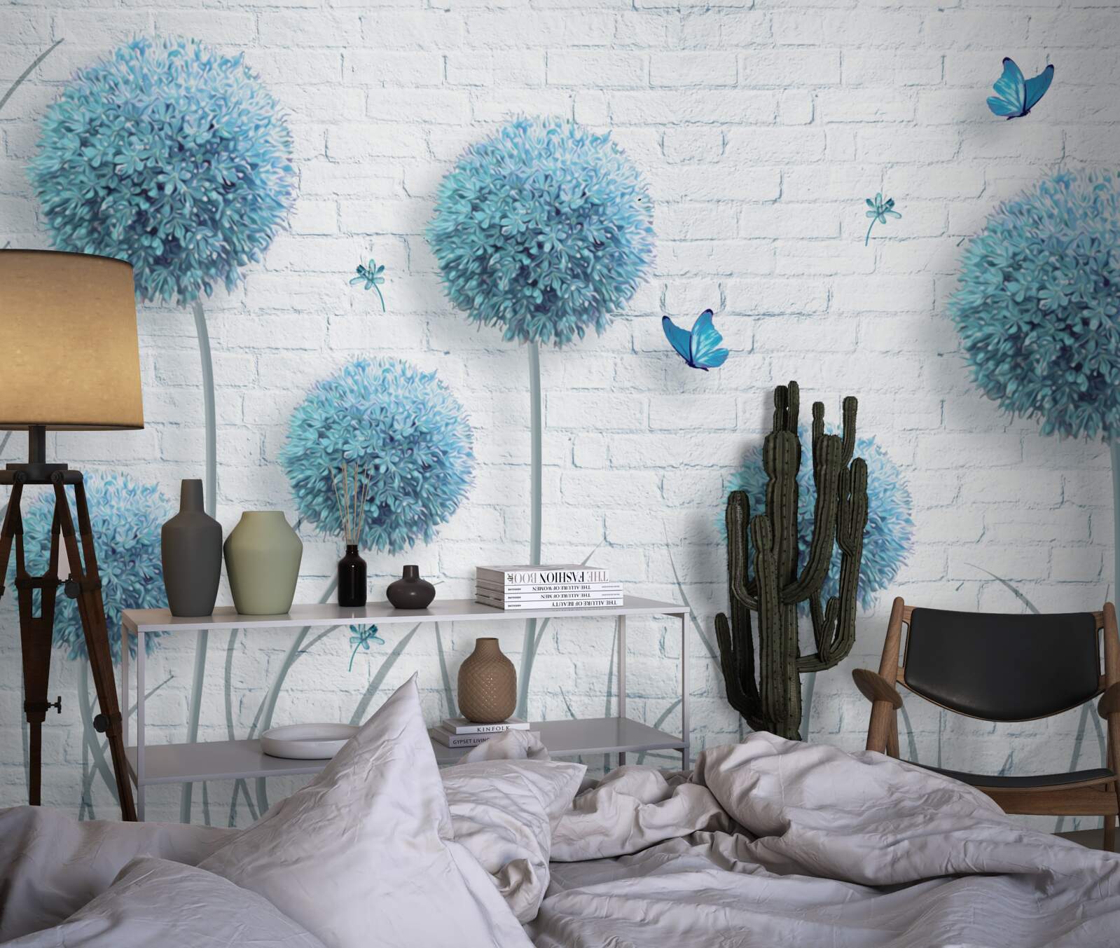 Fototapet flori rotunde albastre pe un perete alb