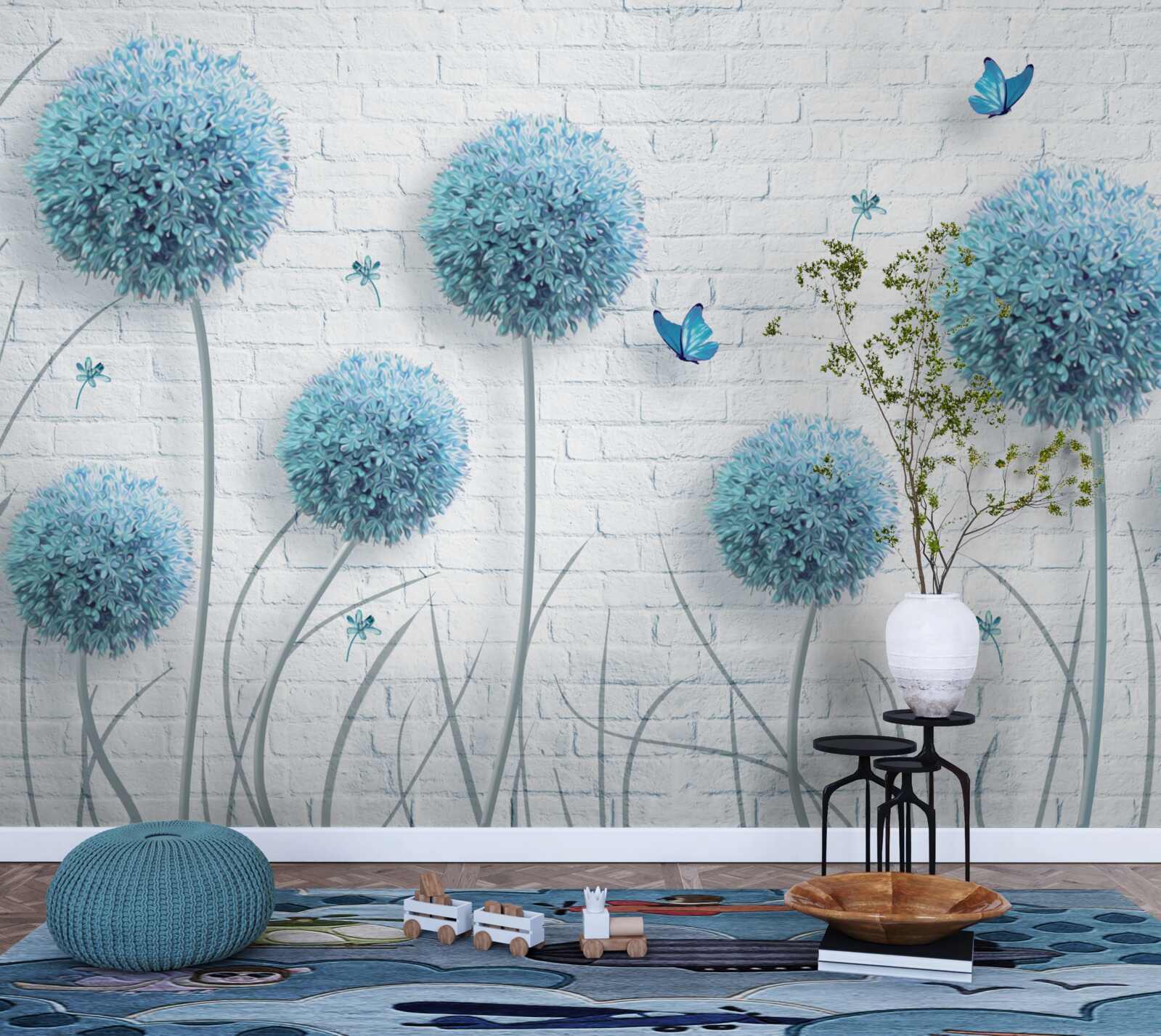 Fototapet flori rotunde albastre pe un perete alb