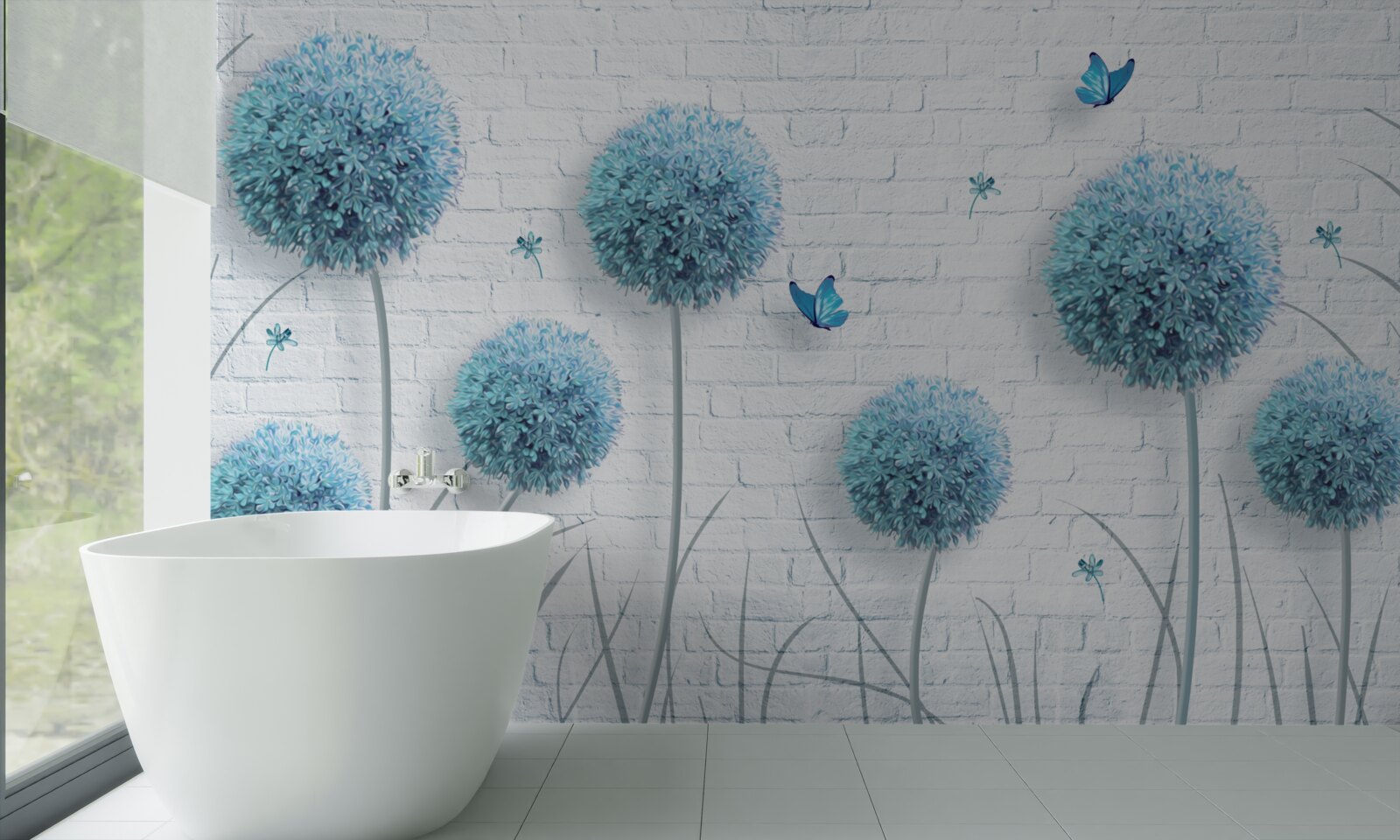 Fototapet flori rotunde albastre pe un perete alb