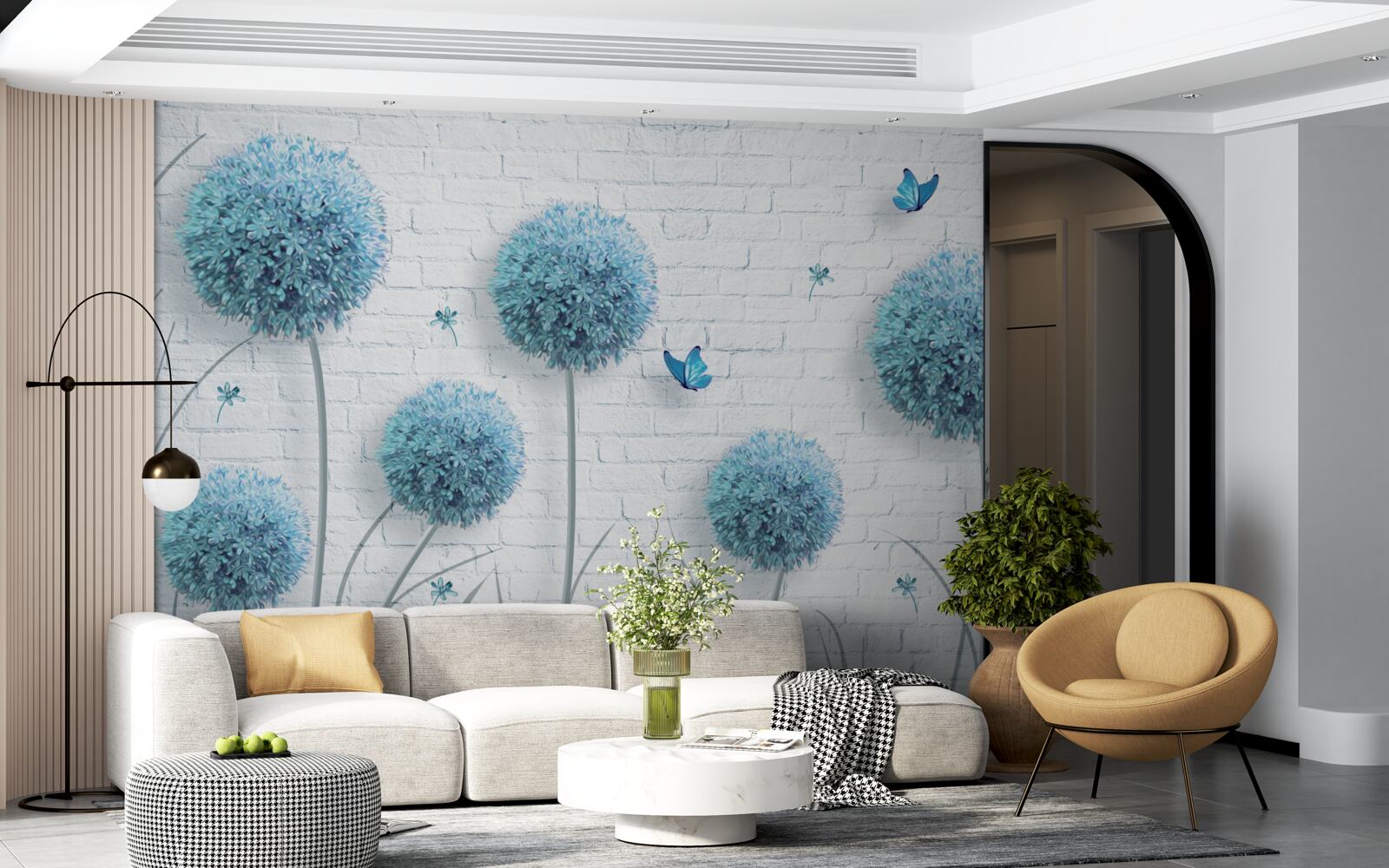 Fototapet flori rotunde albastre pe un perete alb