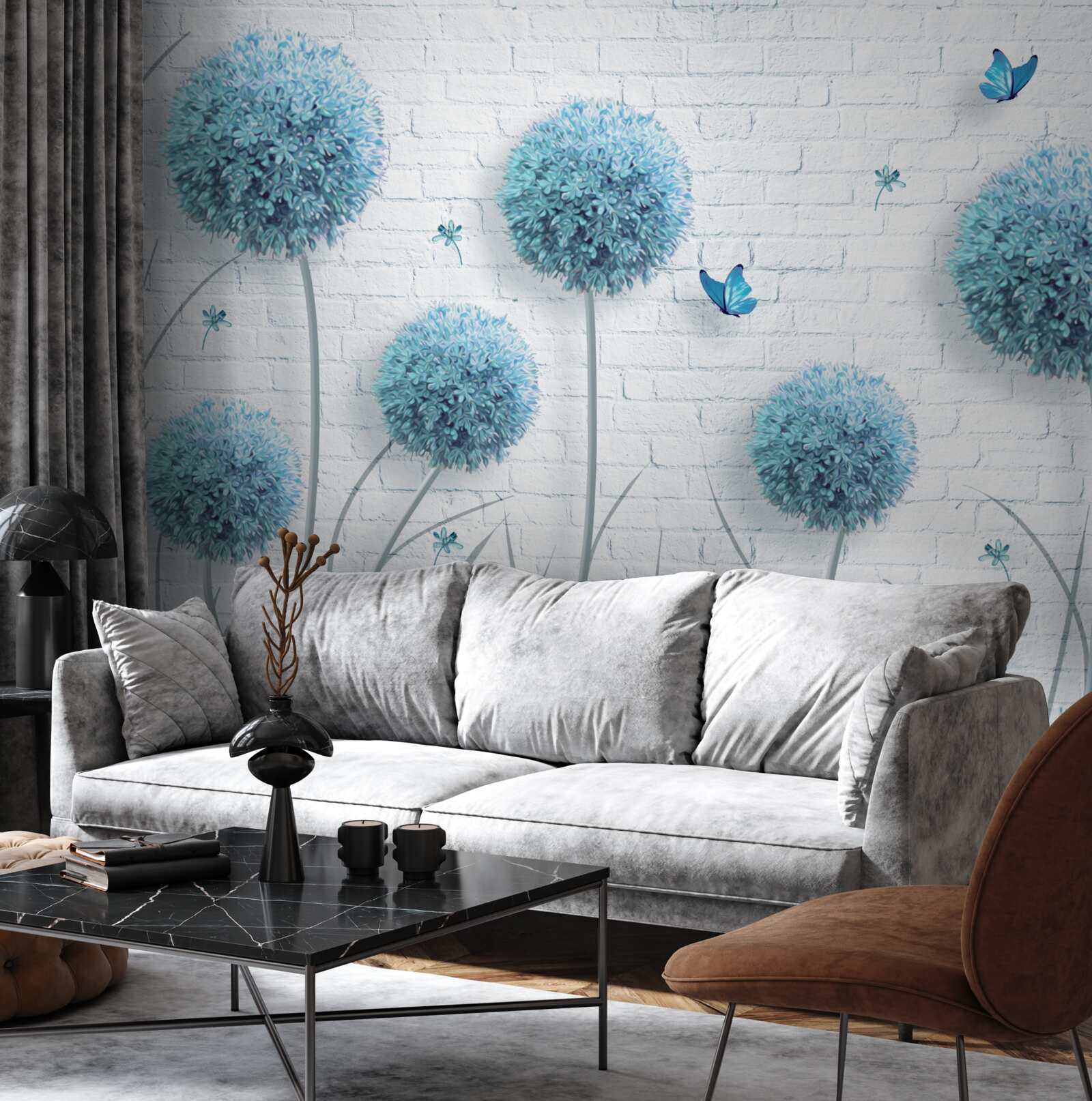 Fototapet flori rotunde albastre pe un perete alb