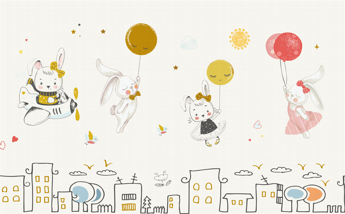 Fototapet iepurași care se învârt deasupra caselor