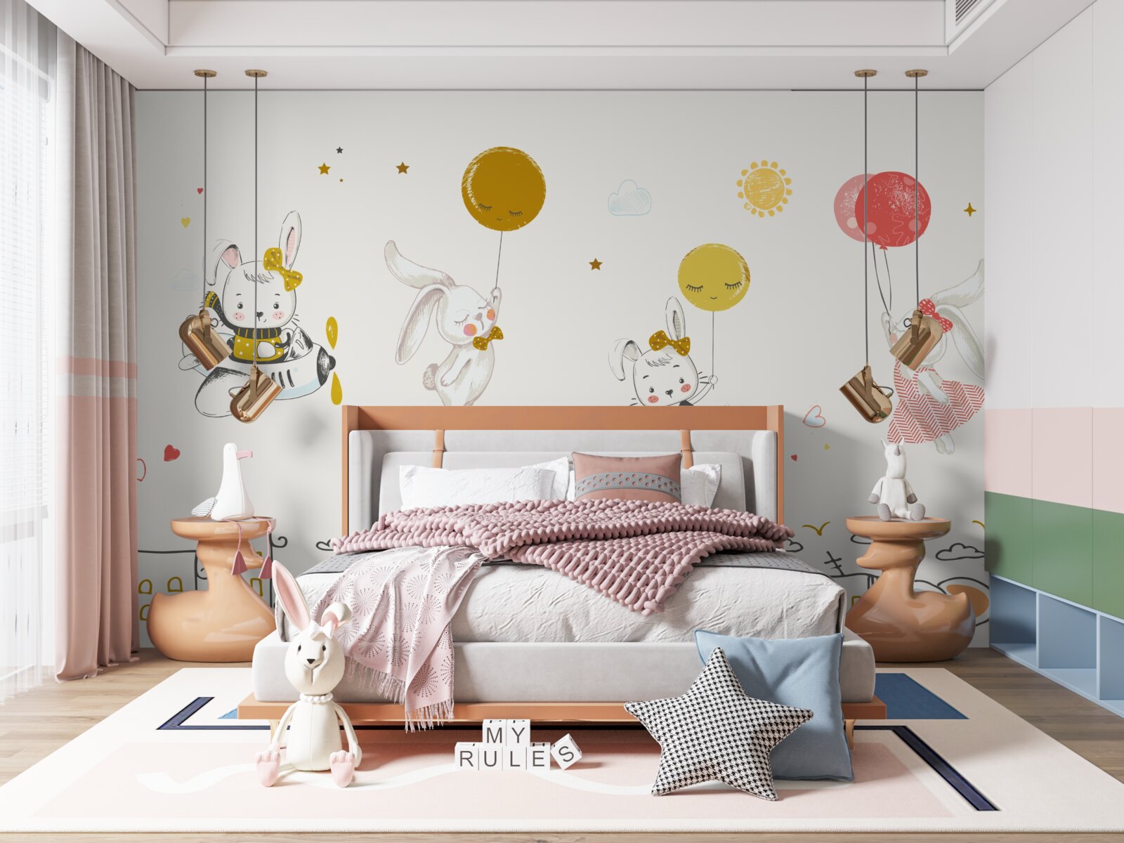 Fototapet iepurași care se învârt deasupra caselor