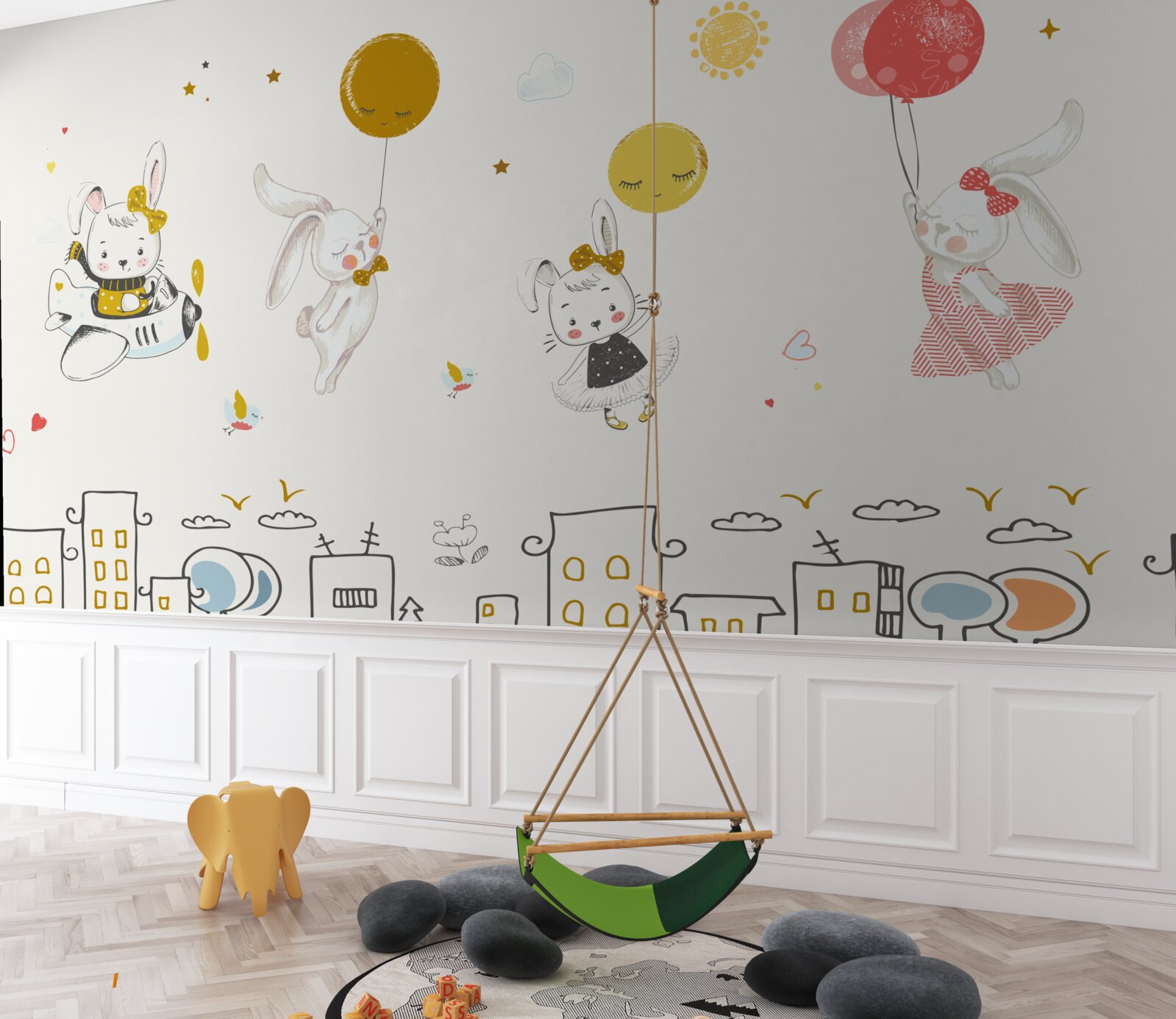 Fototapet iepurași care se învârt deasupra caselor