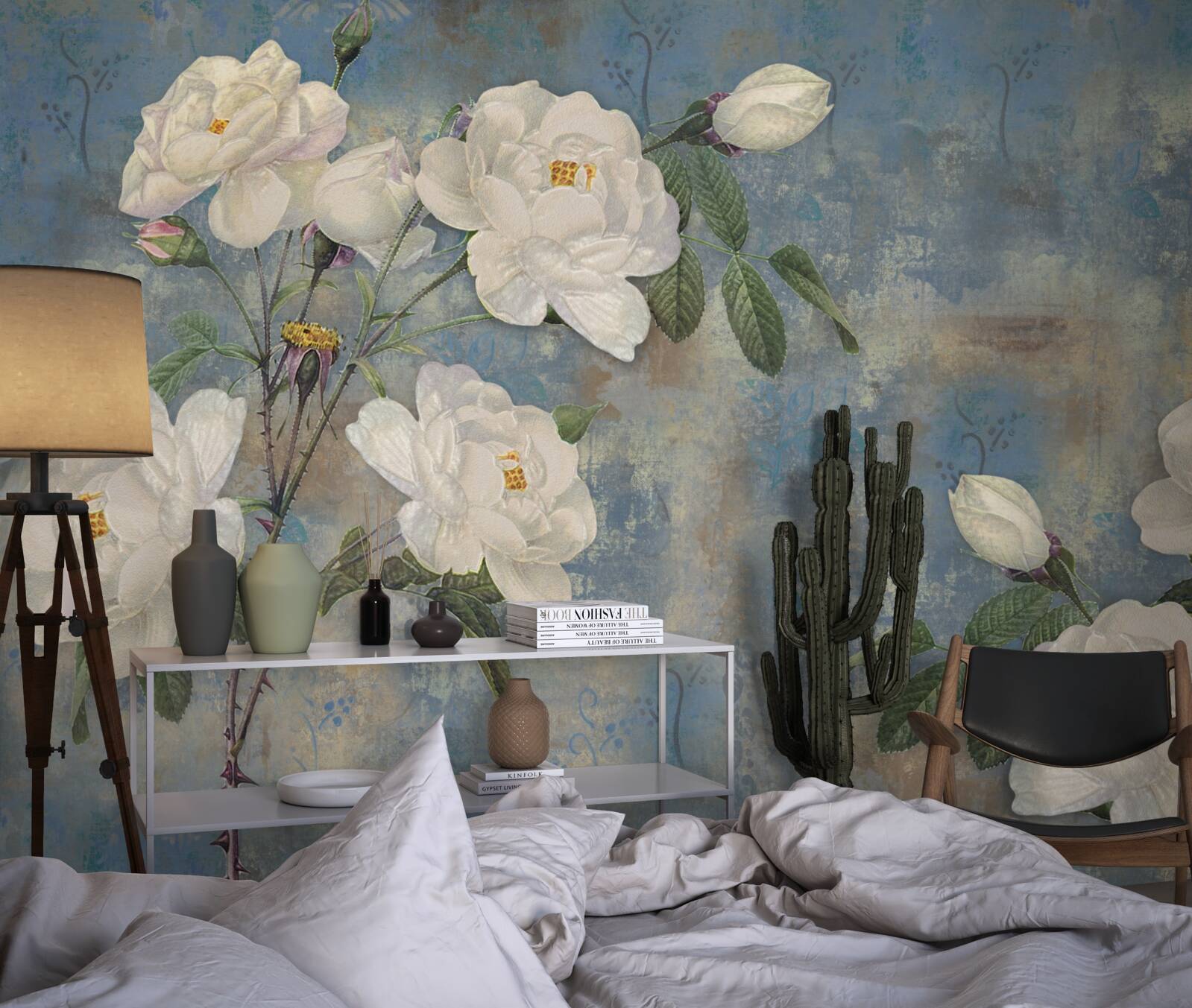 Fototapet trandafiri albi pe un fundal albastru