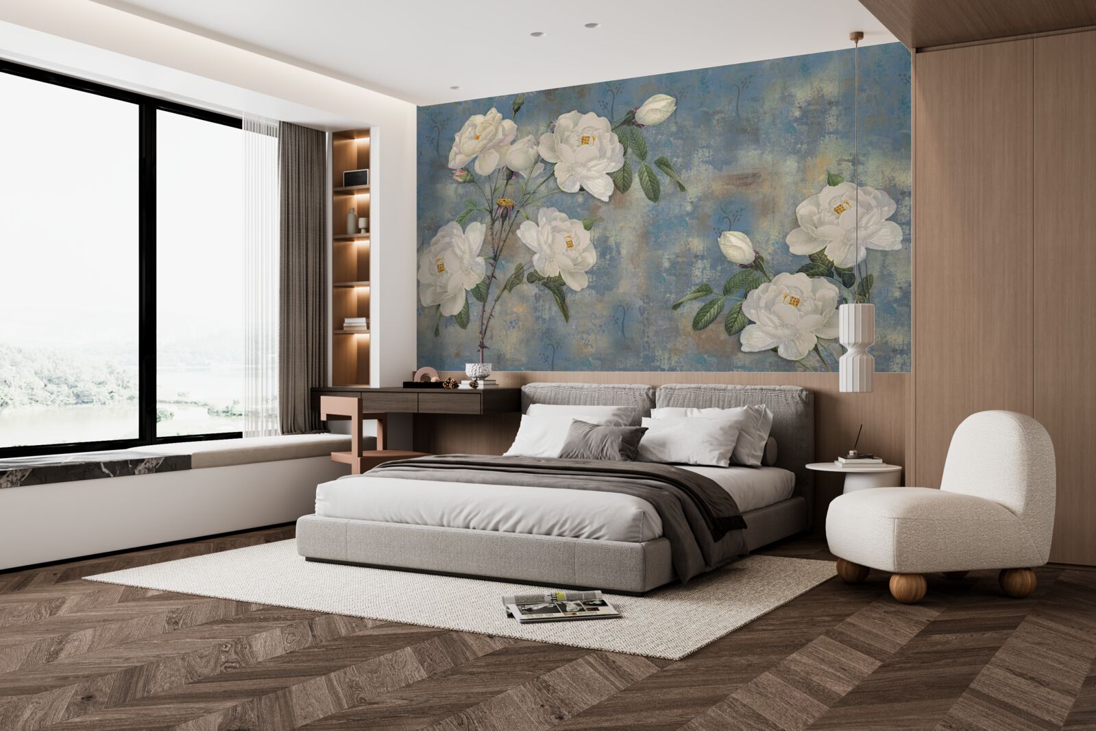 Fototapet trandafiri albi pe un fundal albastru