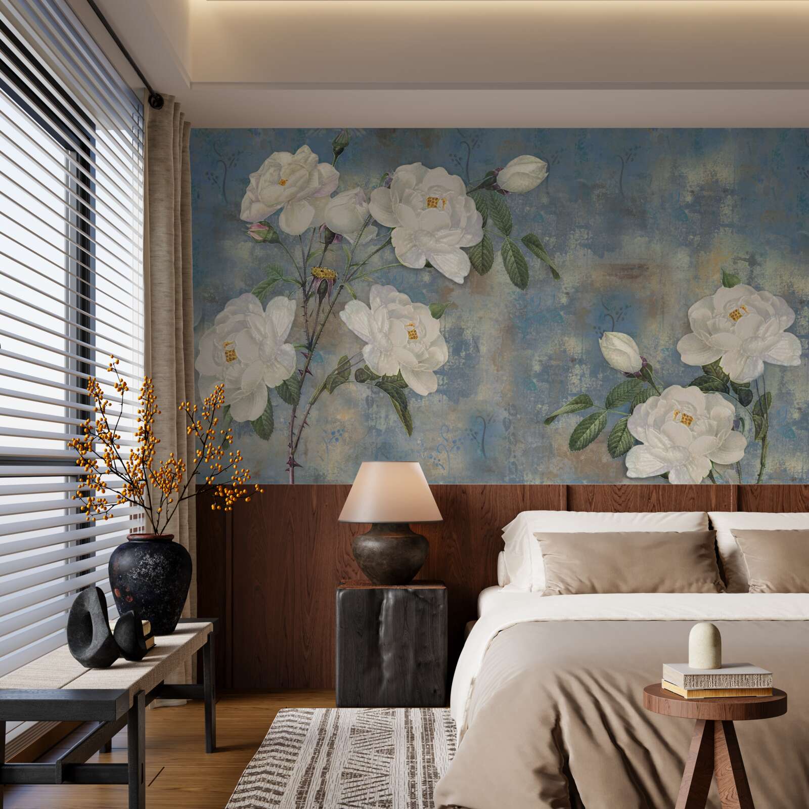 Fototapet trandafiri albi pe un fundal albastru