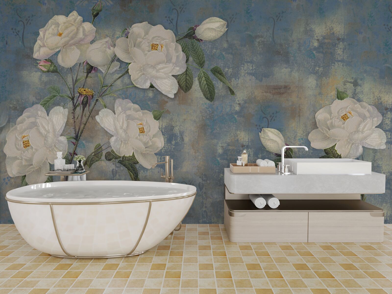 Fototapet trandafiri albi pe un fundal albastru