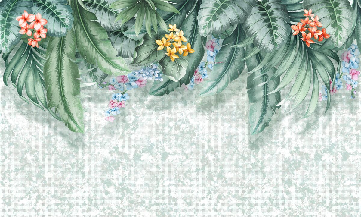 Fototapet frunze verzi decorate cu flori