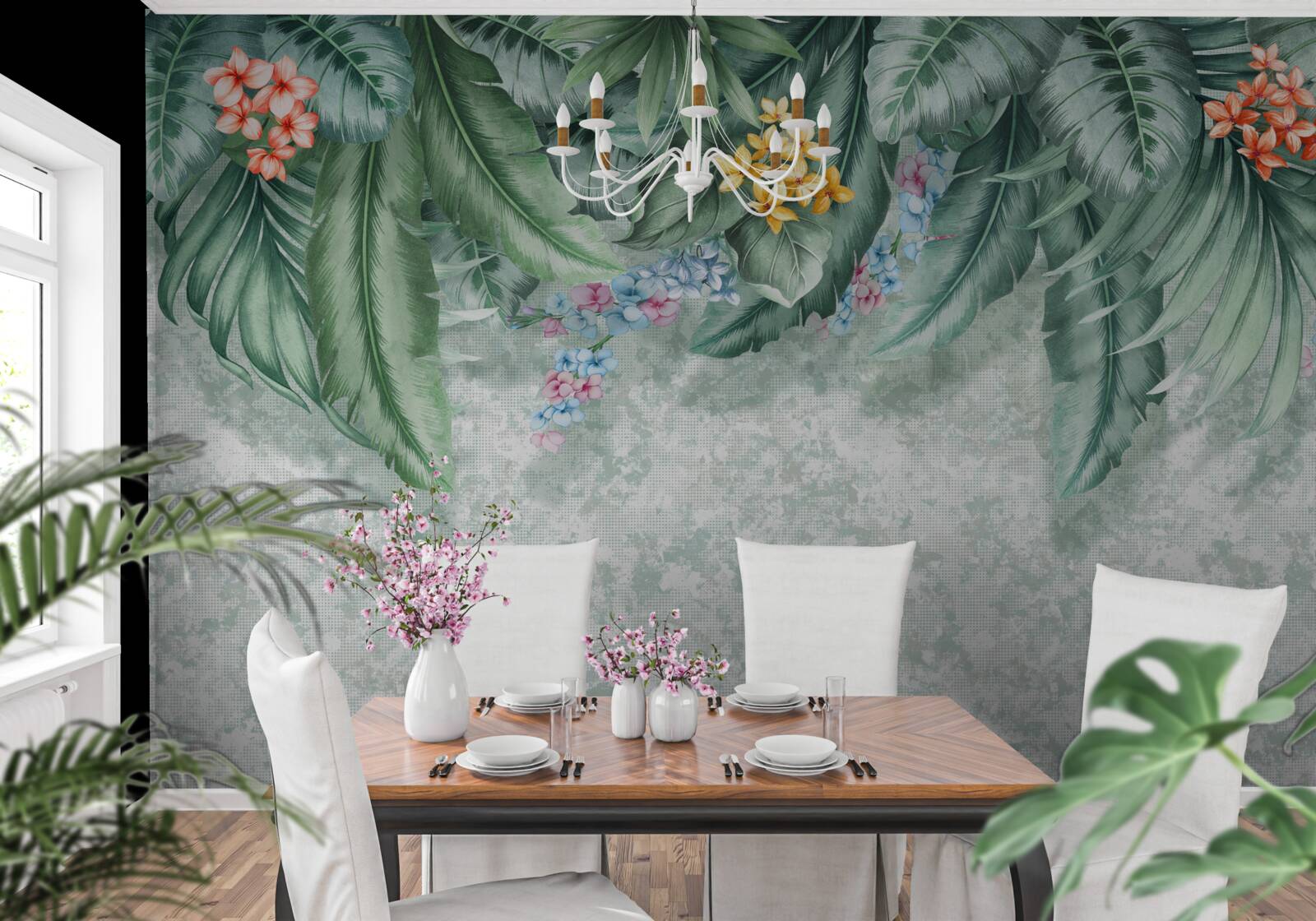 Fototapet frunze verzi decorate cu flori