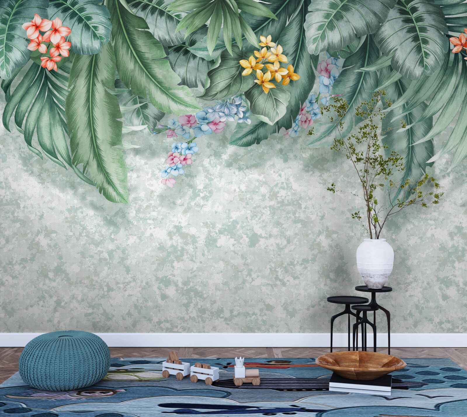 Fototapet frunze verzi decorate cu flori