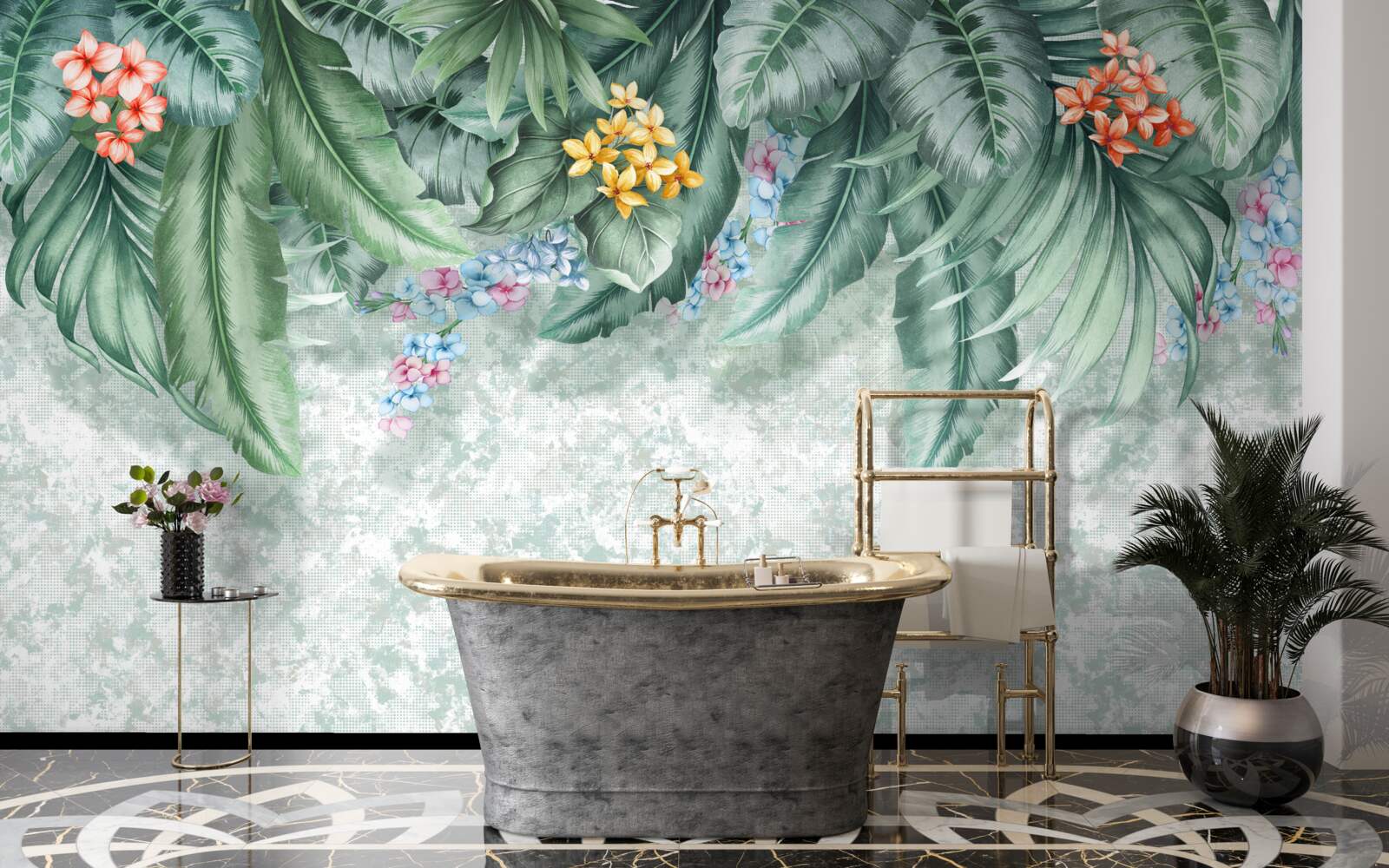 Fototapet frunze verzi decorate cu flori