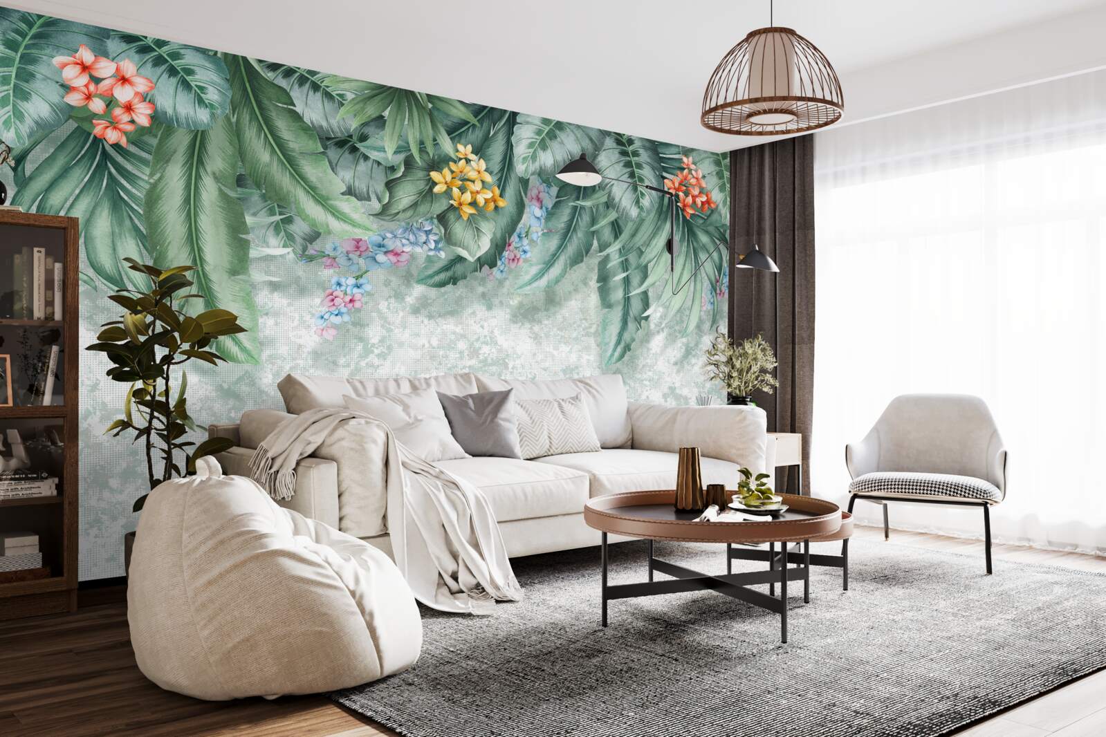 Fototapet frunze verzi decorate cu flori