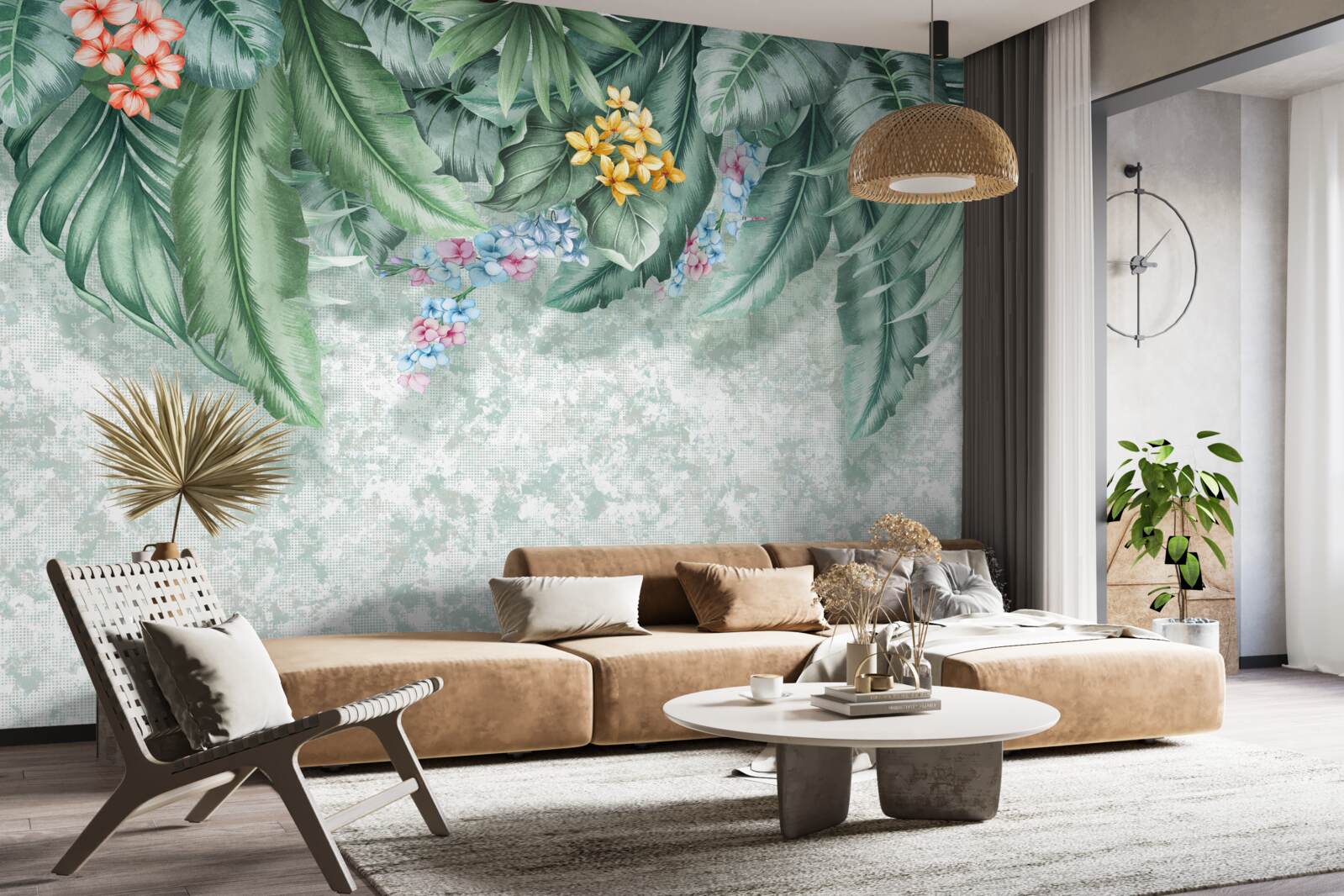 Fototapet frunze verzi decorate cu flori