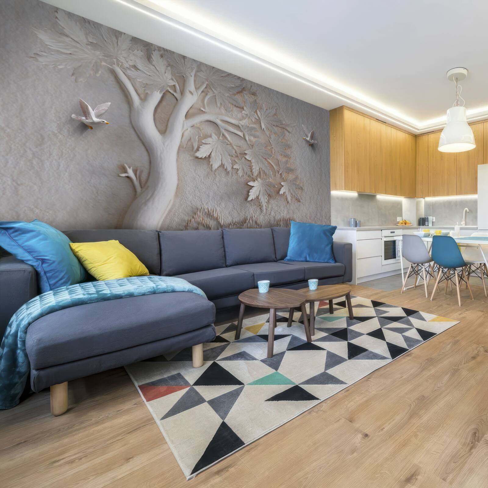 Fototapet copac și păsări tridimensionale