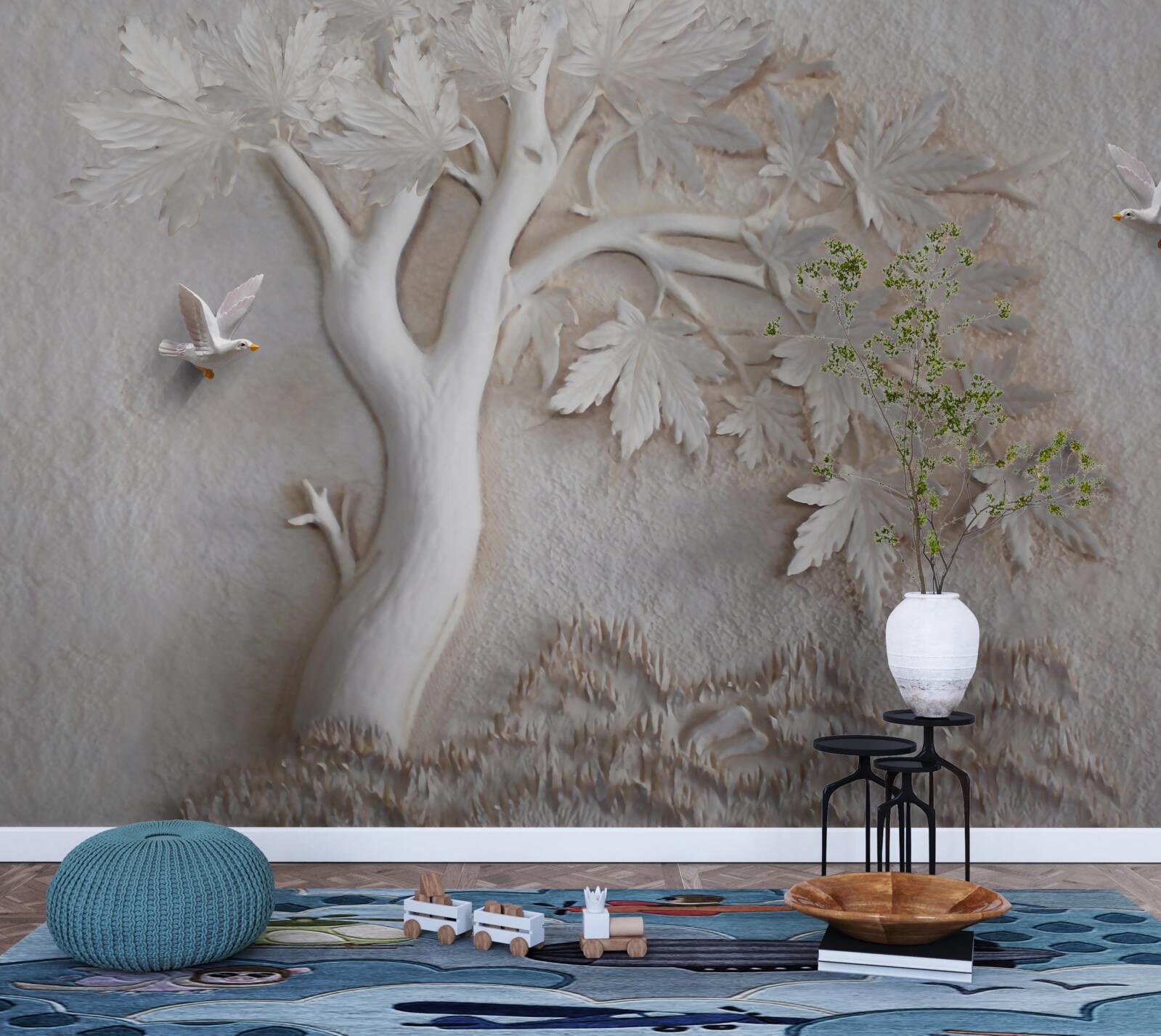 Fototapet copac și păsări tridimensionale