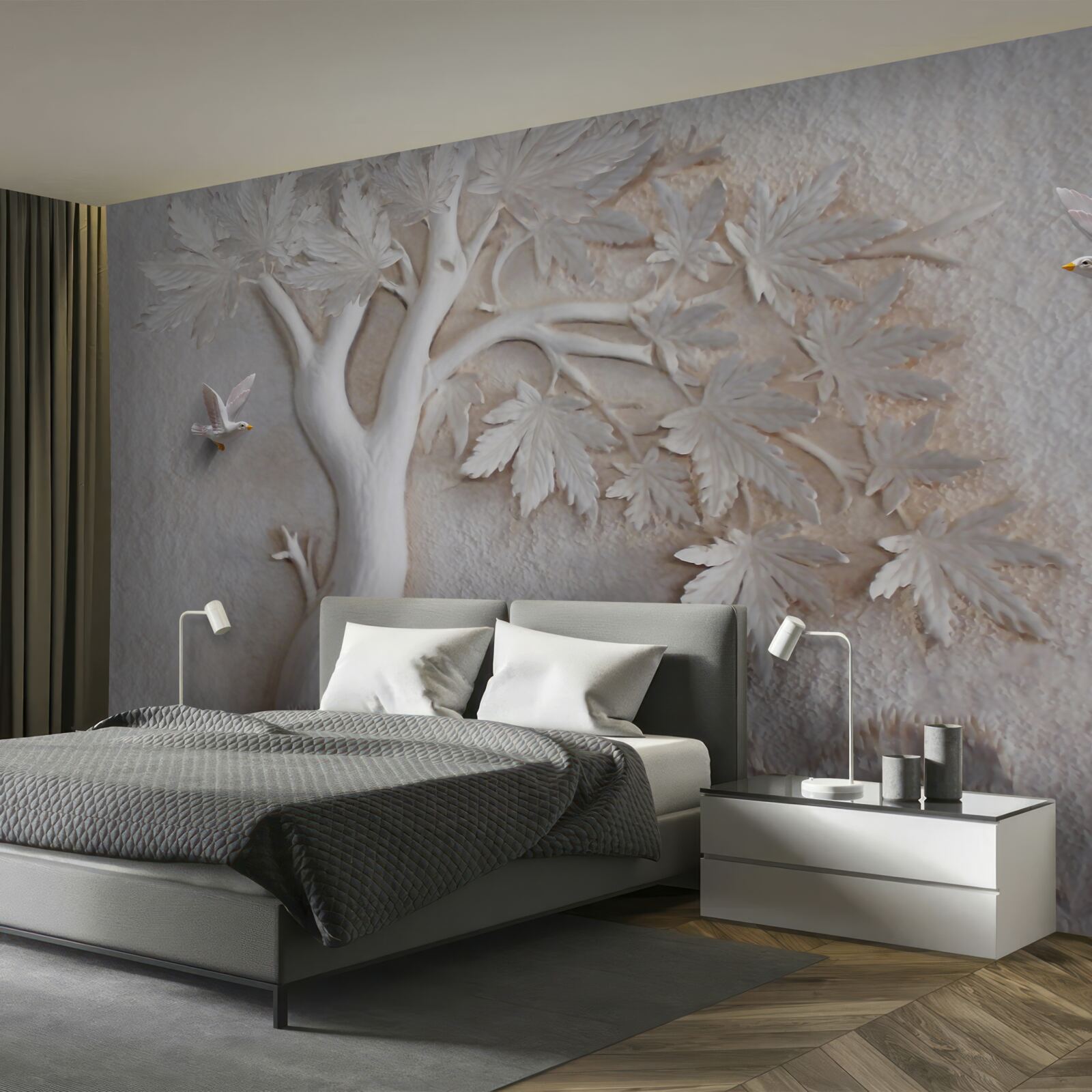 Fototapet copac și păsări tridimensionale