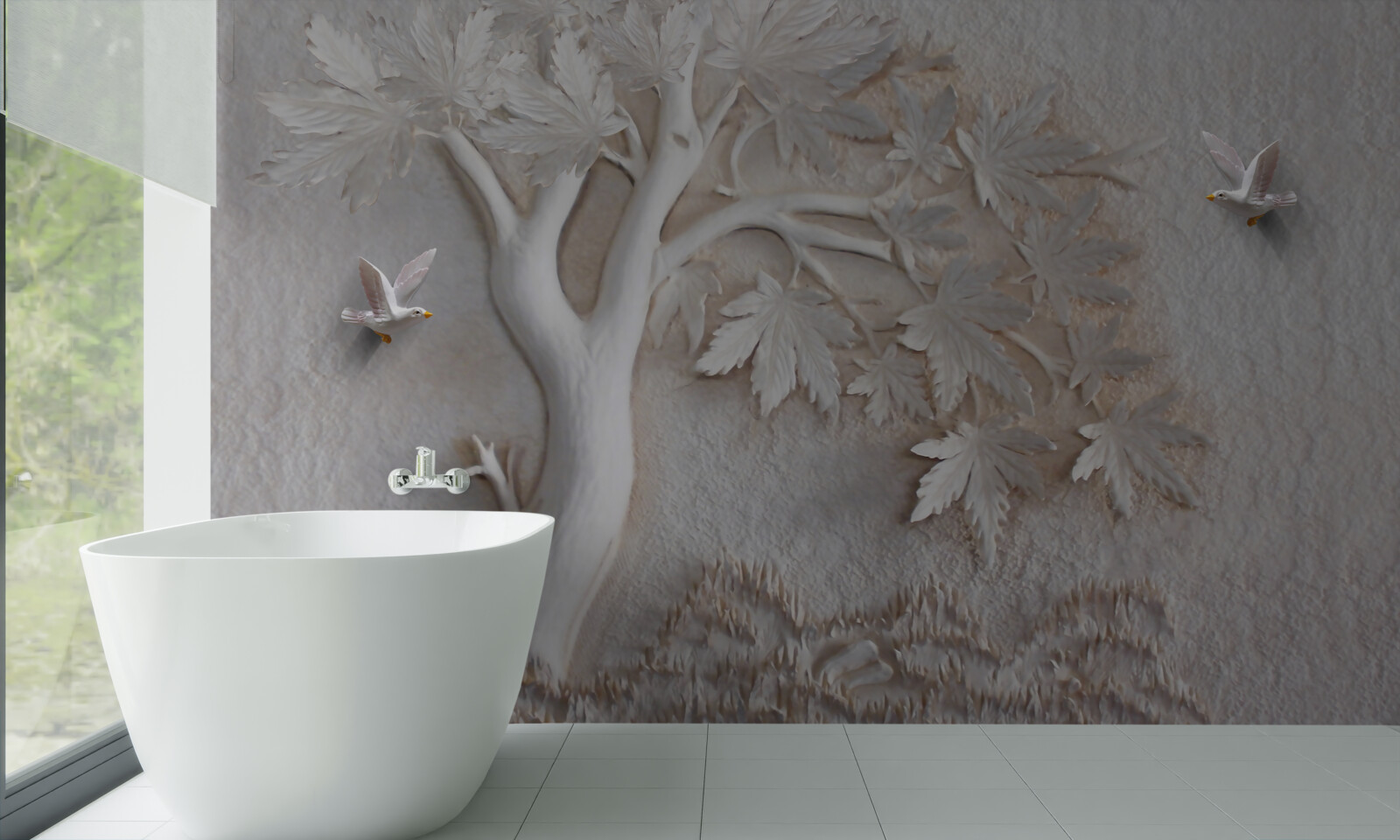 Fototapet copac și păsări tridimensionale