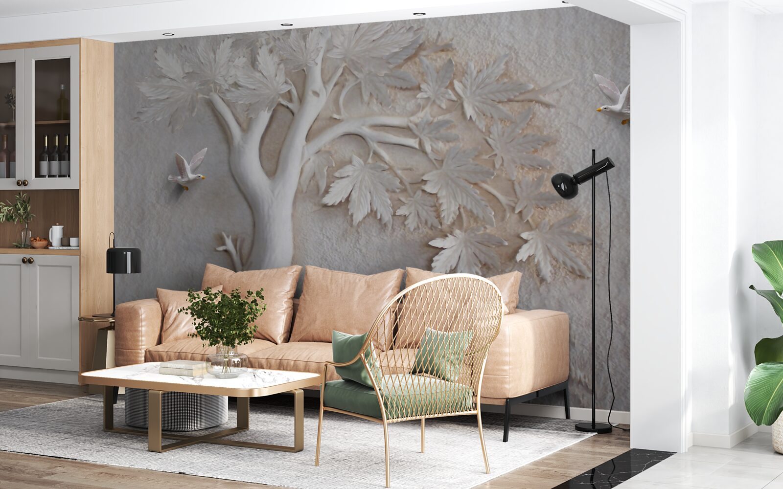 Fototapet copac și păsări tridimensionale