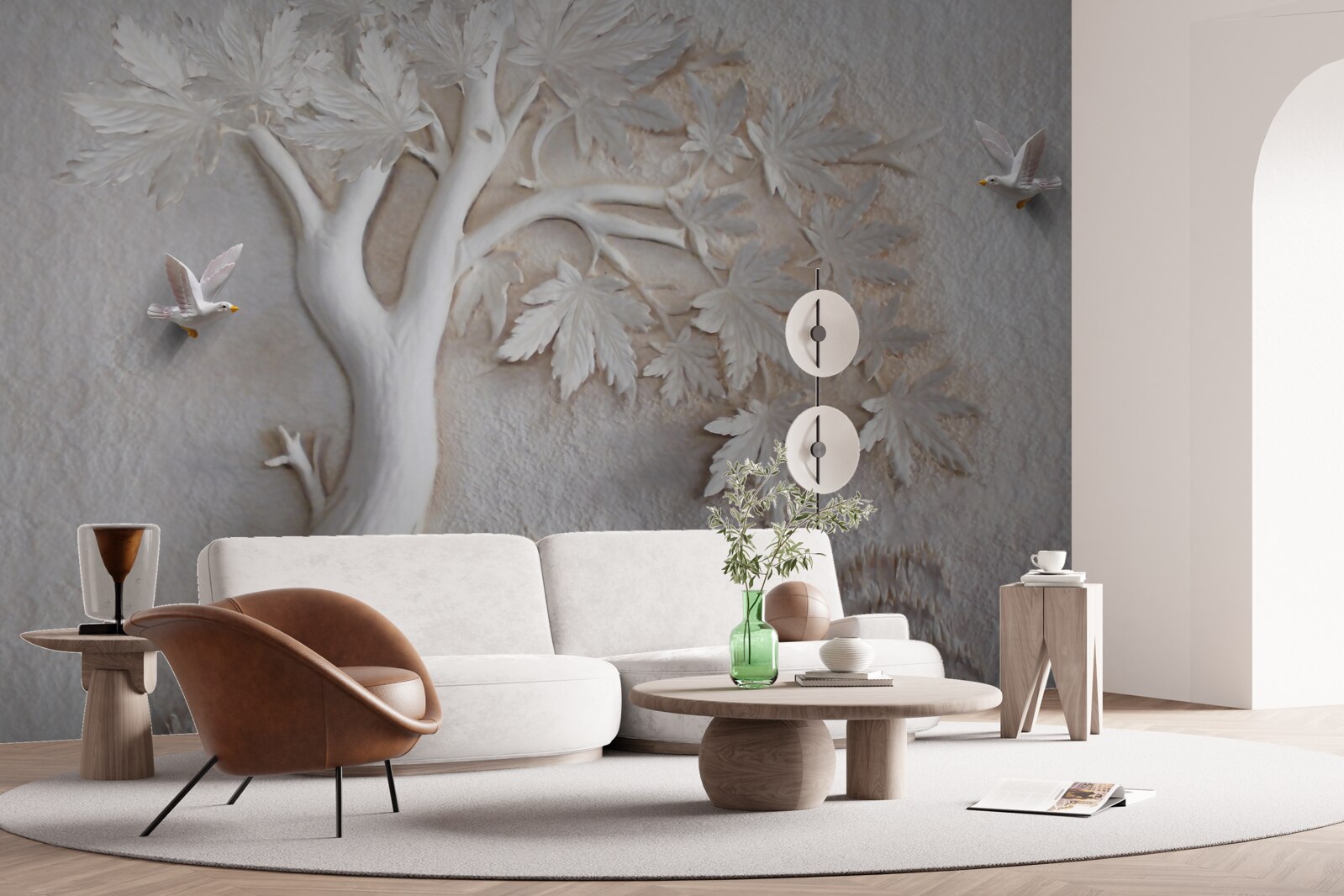 Fototapet copac și păsări tridimensionale