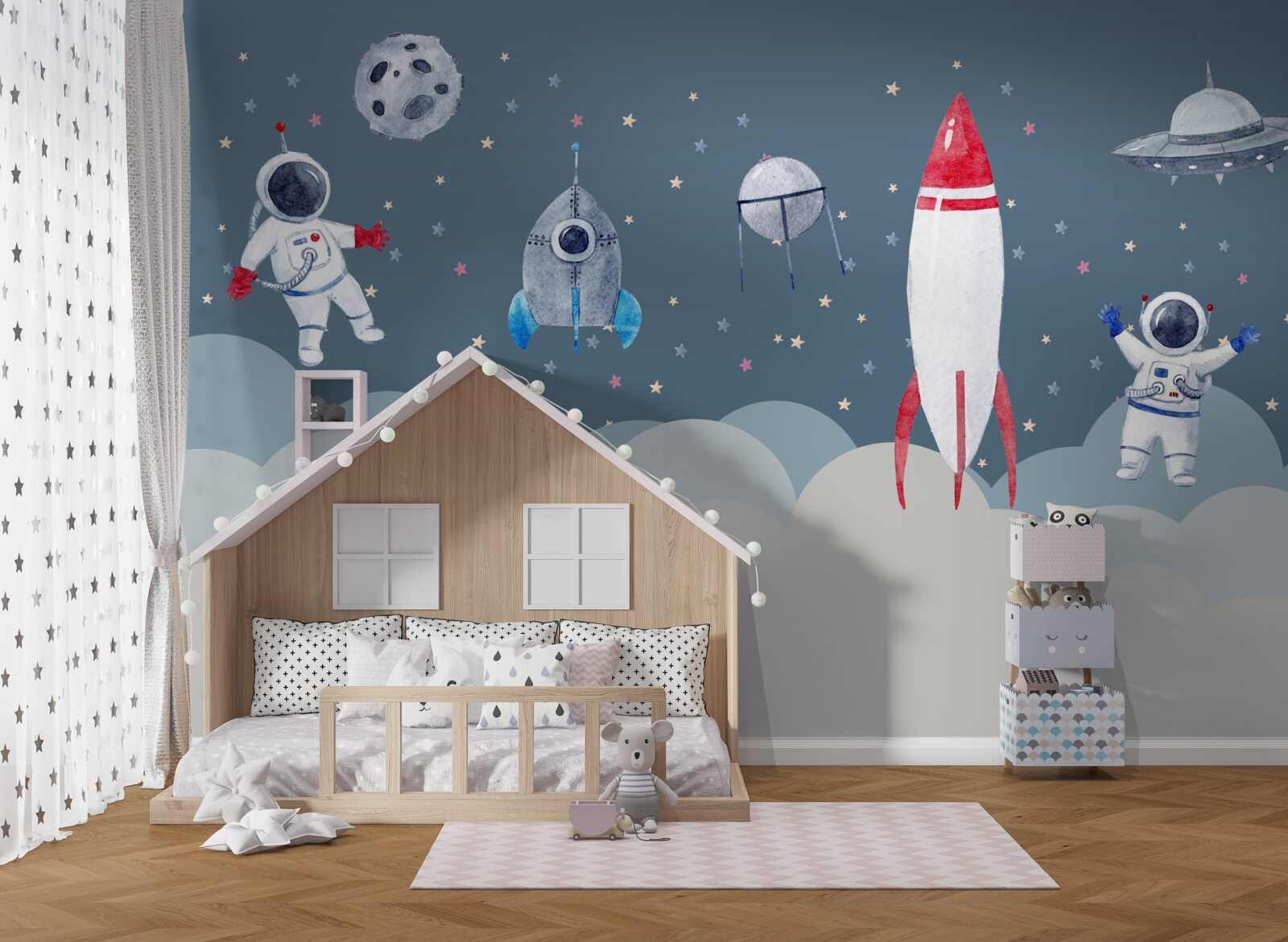 Fototapet astronauți și nave spațiale în univers