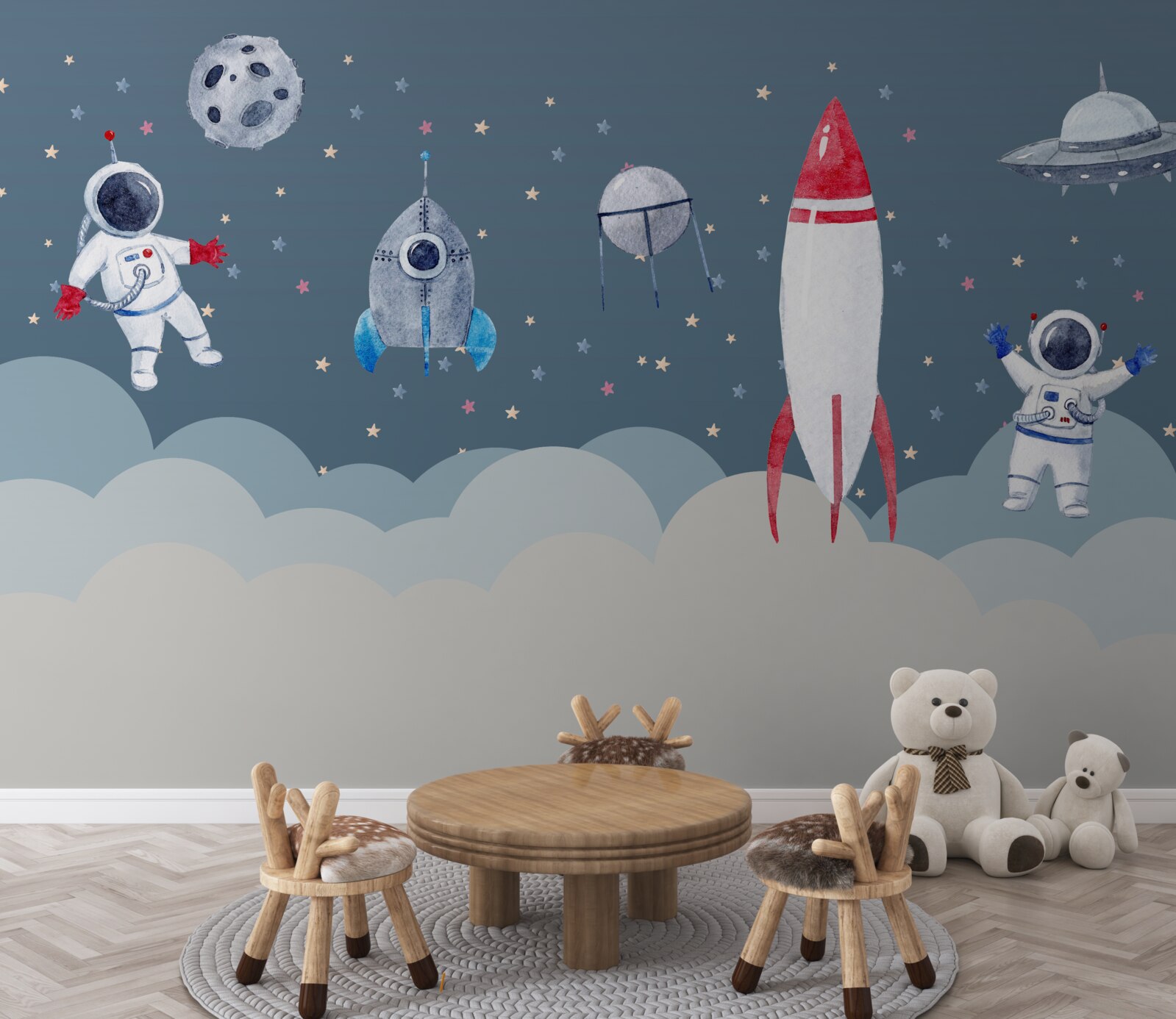 Fototapet astronauți și nave spațiale în univers