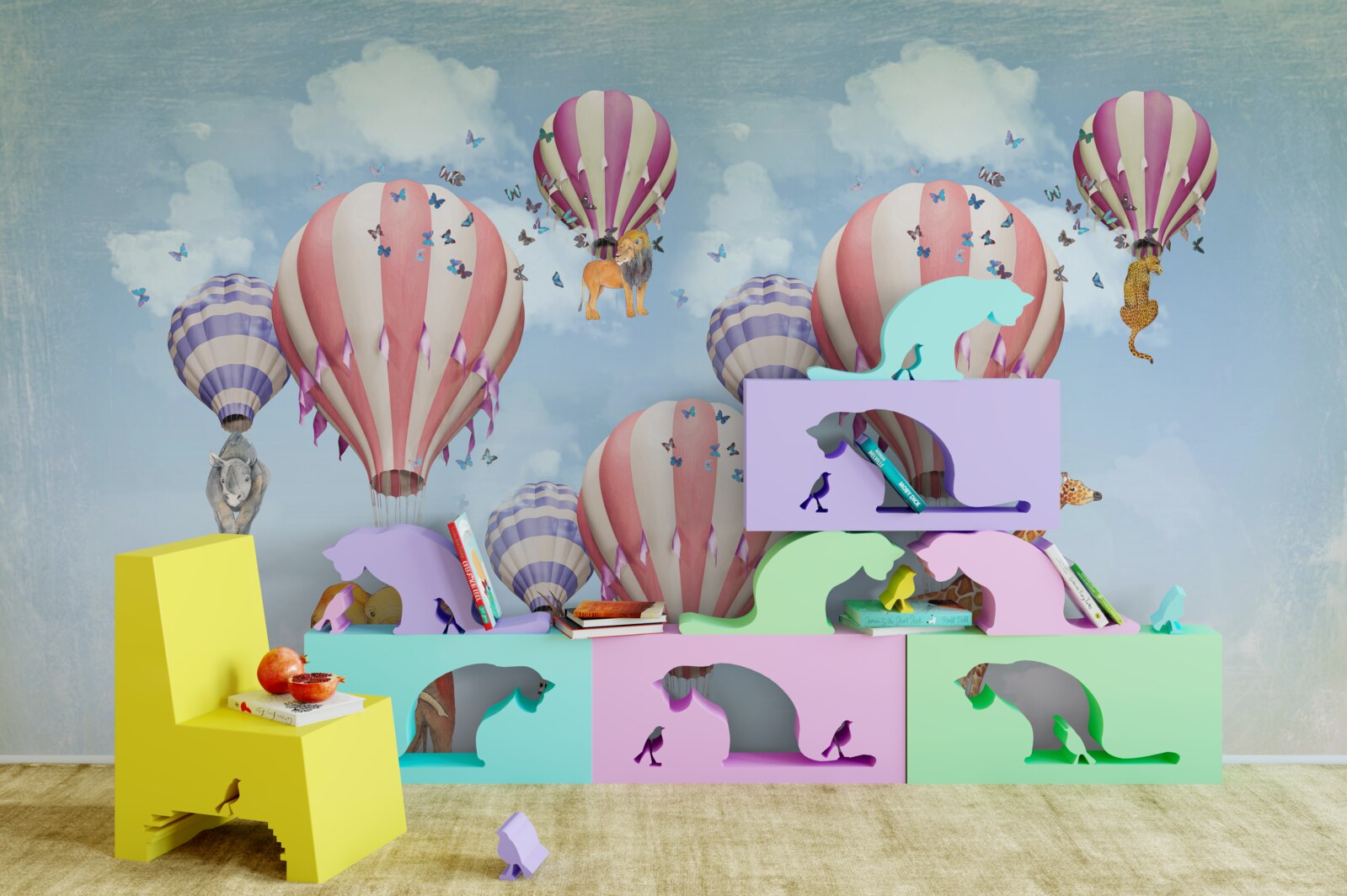 Fototapet animalele sunt atașate la baloane