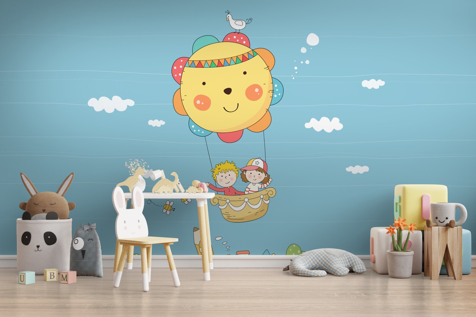 Fototapet copiii zboară într-un balon cu aer cald