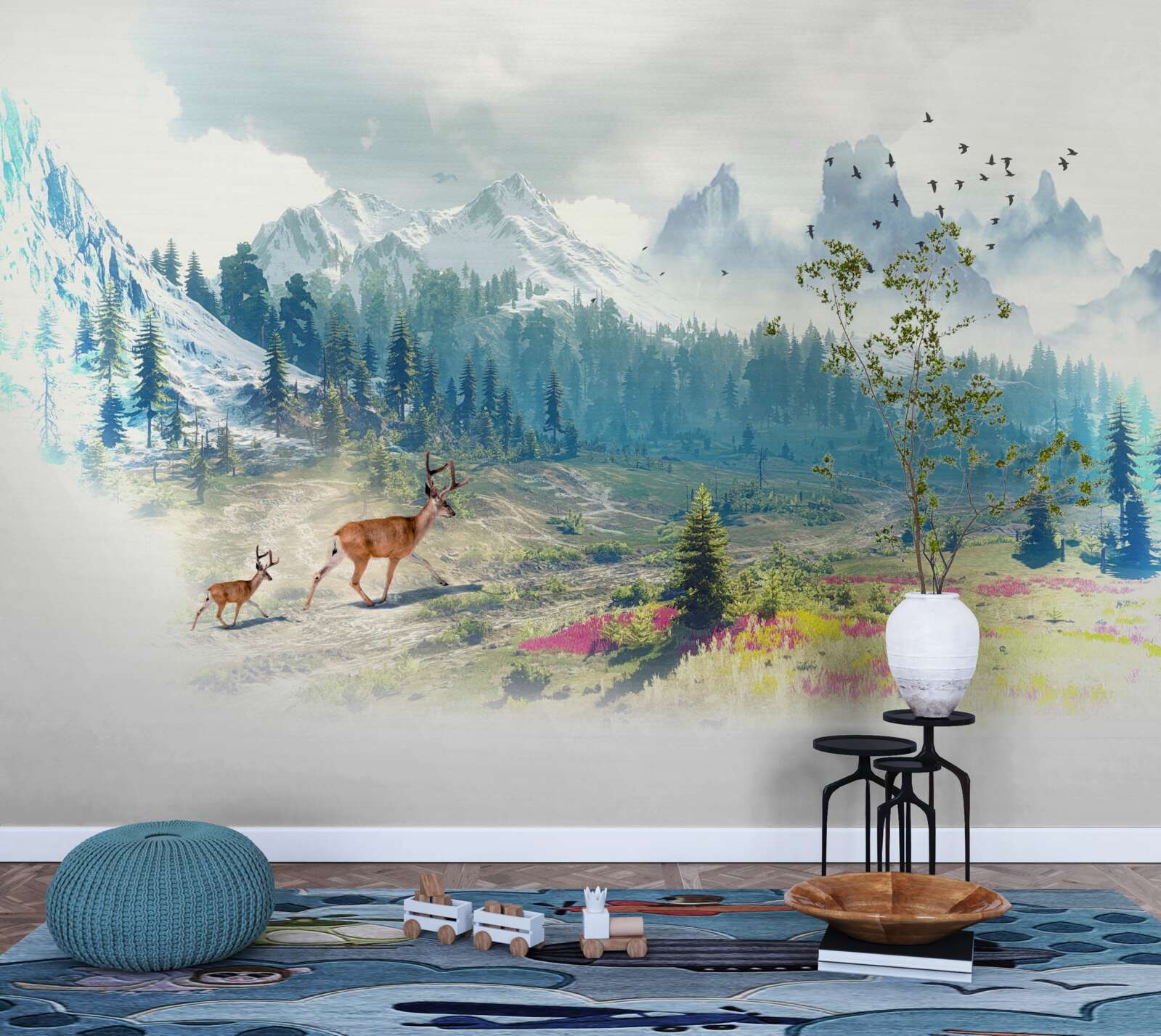 Fototapet căprioarele cutreieră munții