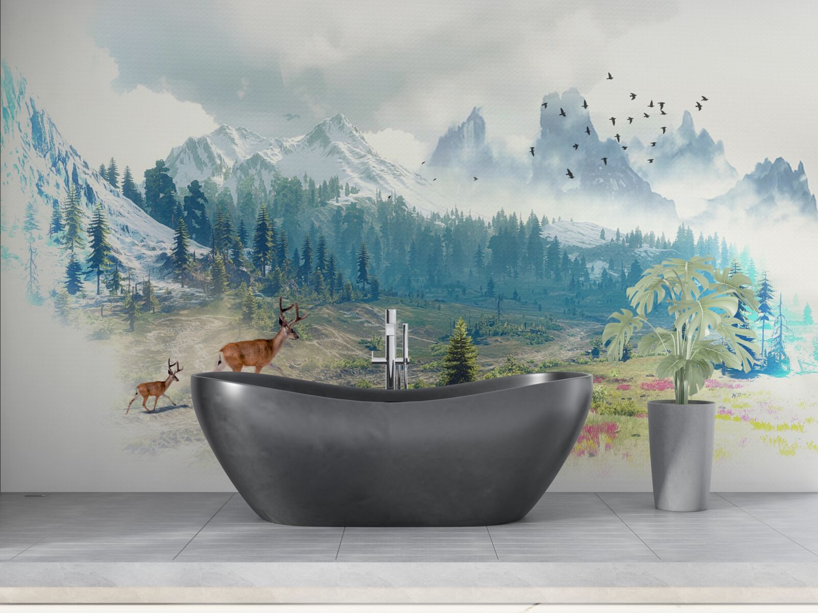 Fototapet căprioarele cutreieră munții