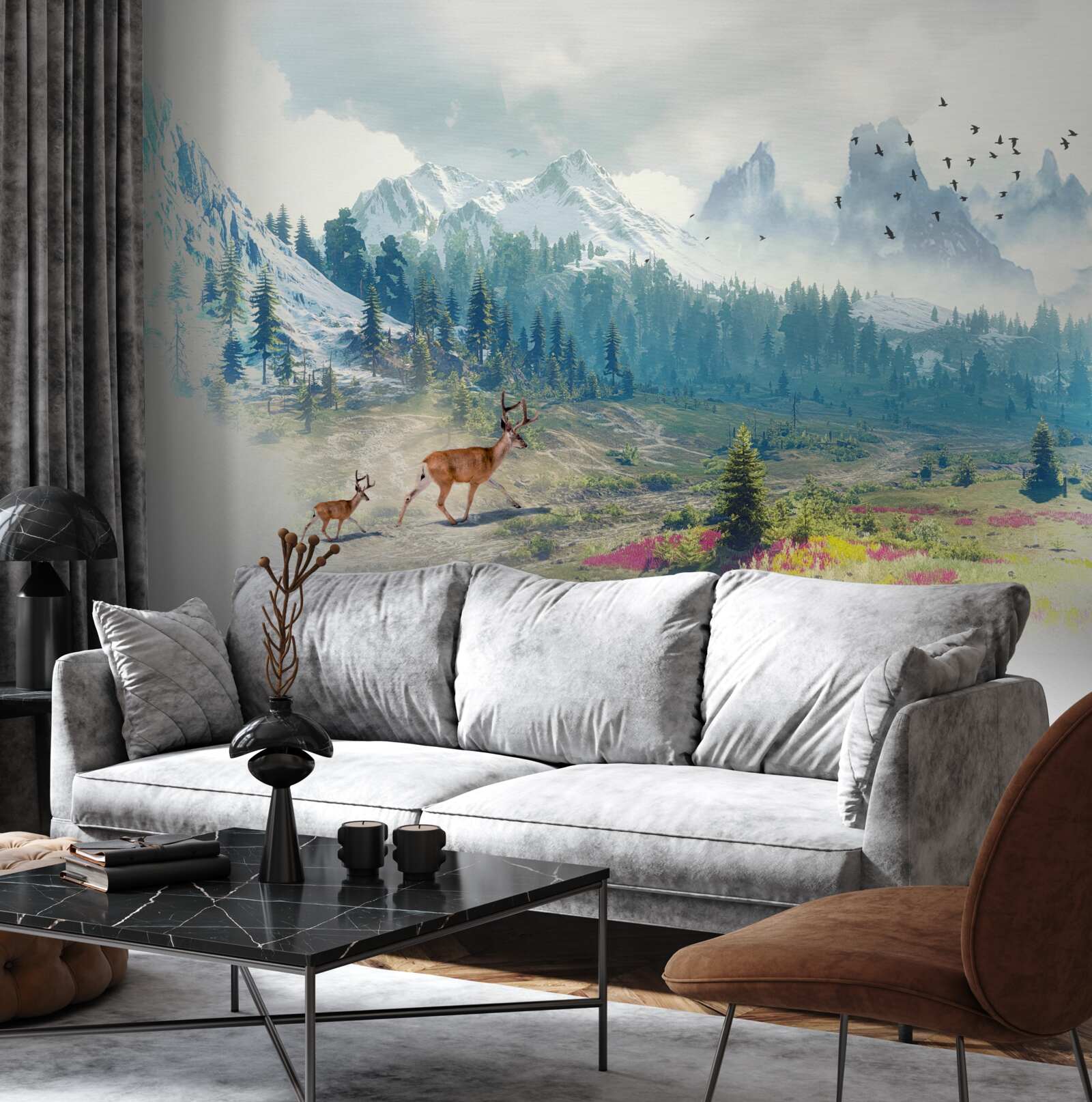 Fototapet căprioarele cutreieră munții