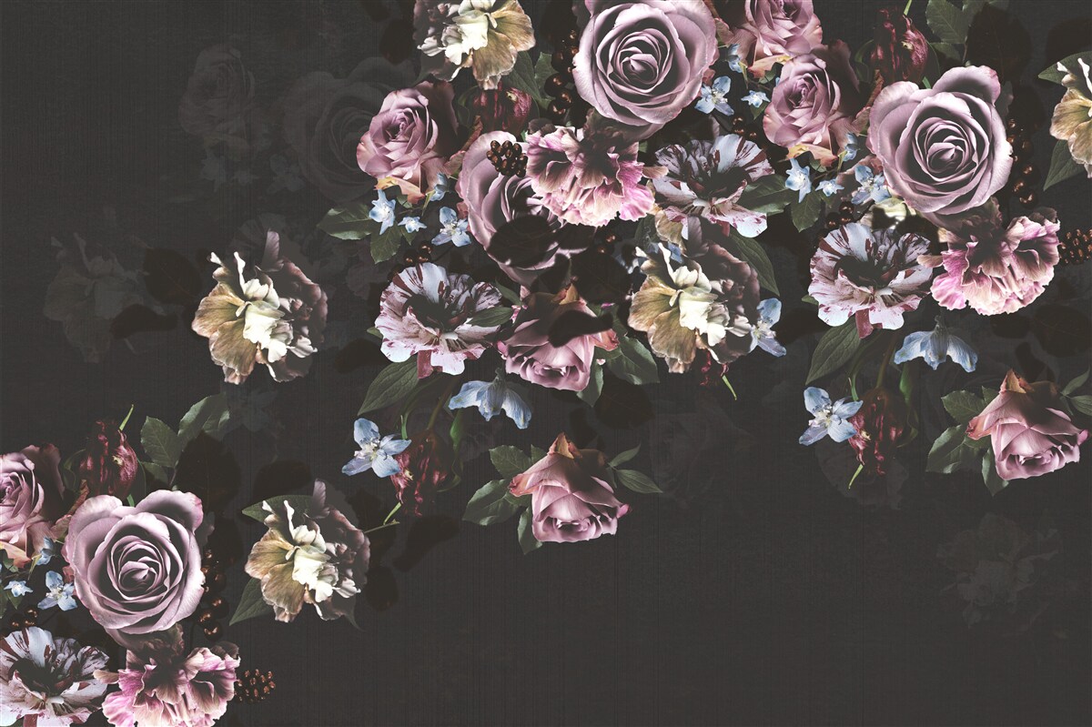 Fototapet flori roz pe un fundal negru