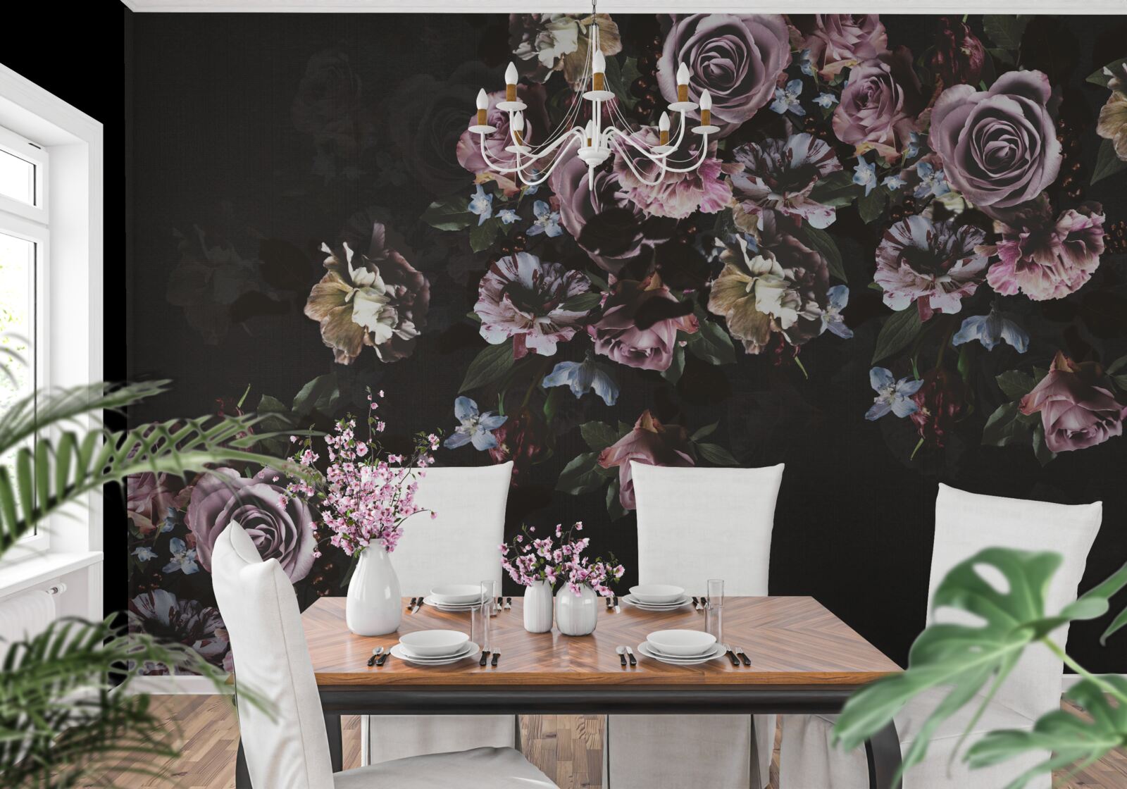 Fototapet flori roz pe un fundal negru