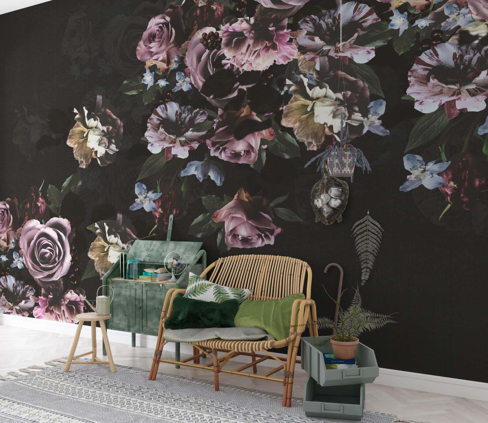 Fototapet flori roz pe un fundal negru