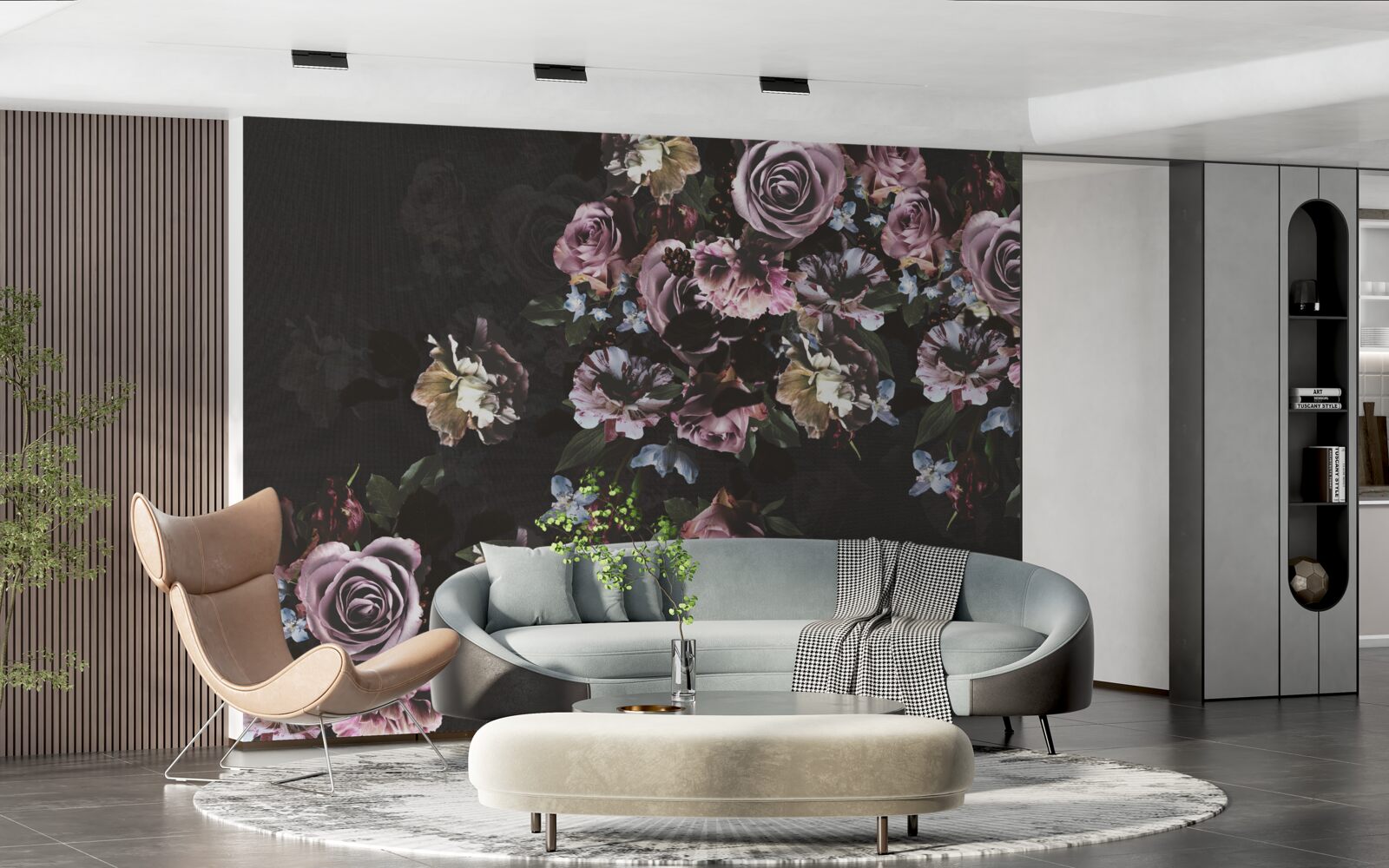 Fototapet flori roz pe un fundal negru