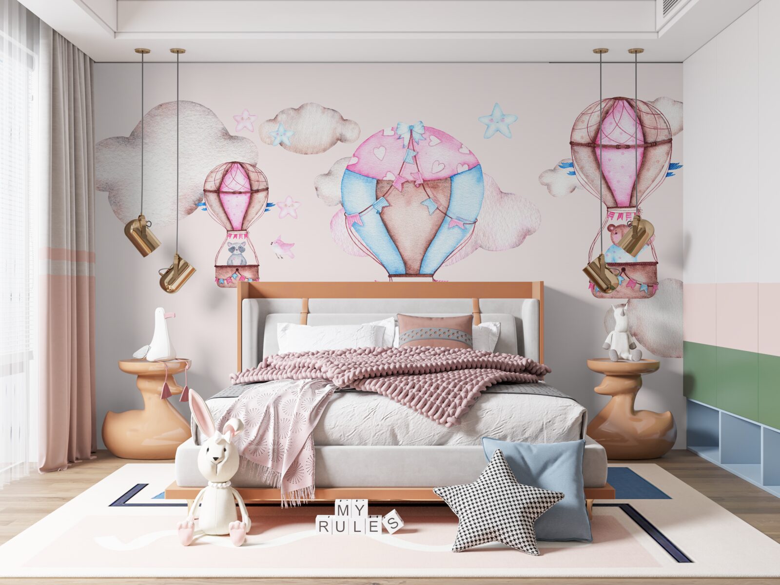 Fototapet animalele alunecă pe cer pe baloane