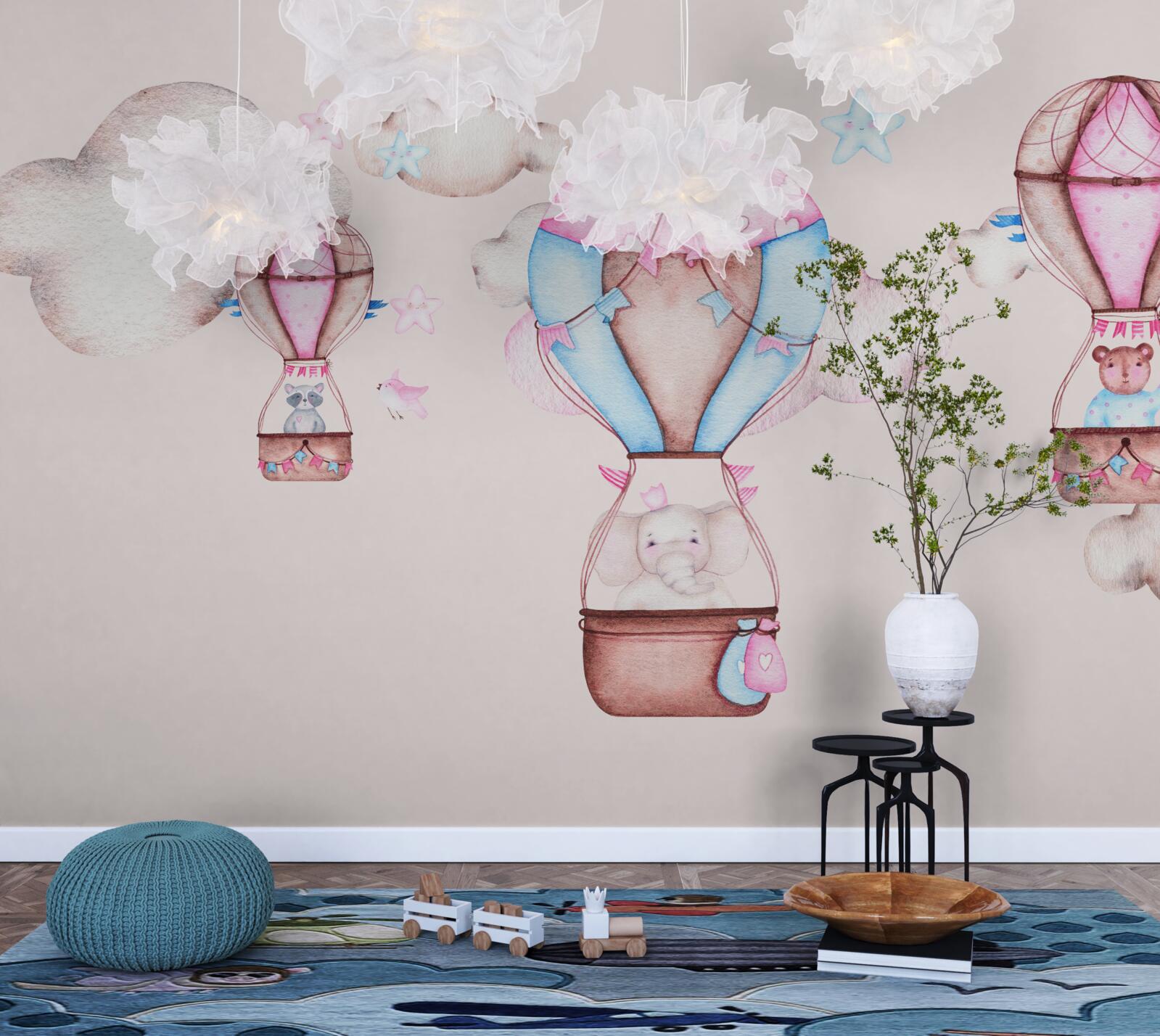 Fototapet animalele alunecă pe cer pe baloane