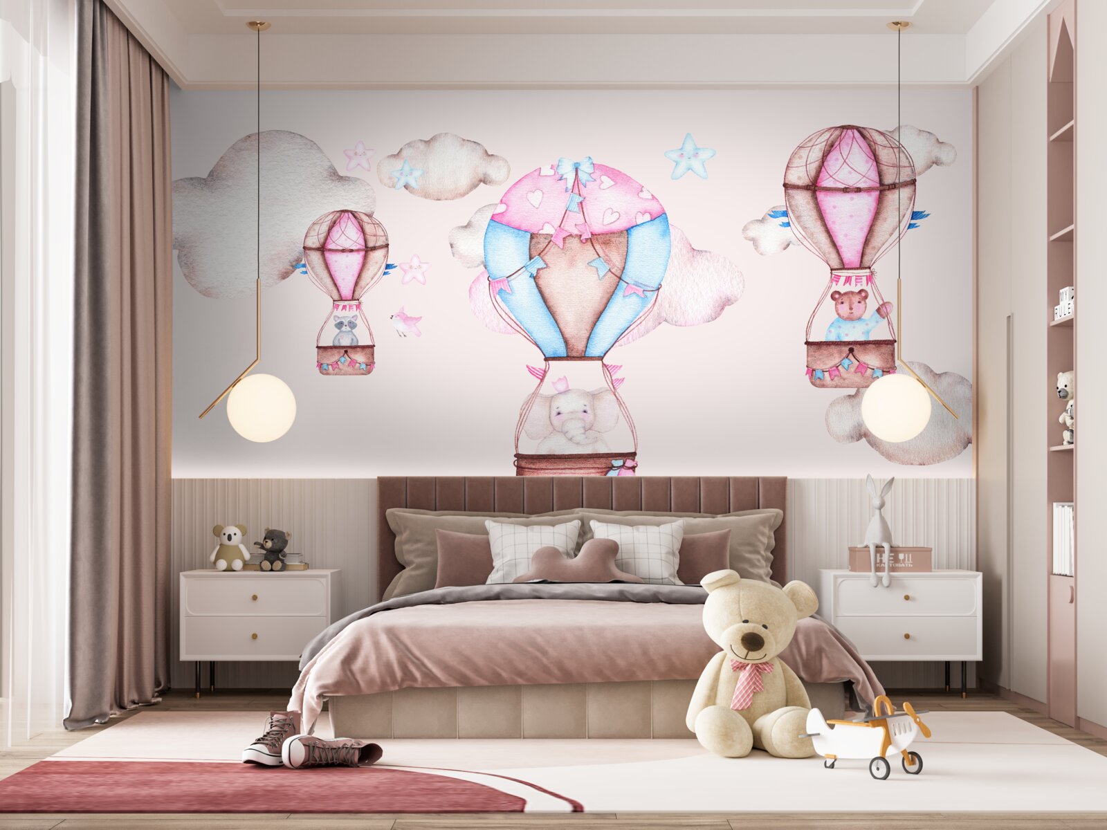 Fototapet animalele alunecă pe cer pe baloane