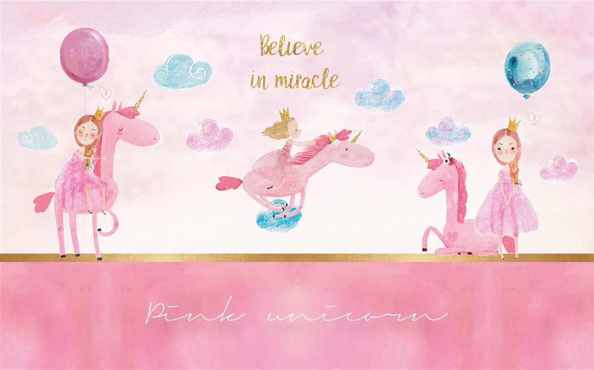 Fototapet prințese pe unicorni roz