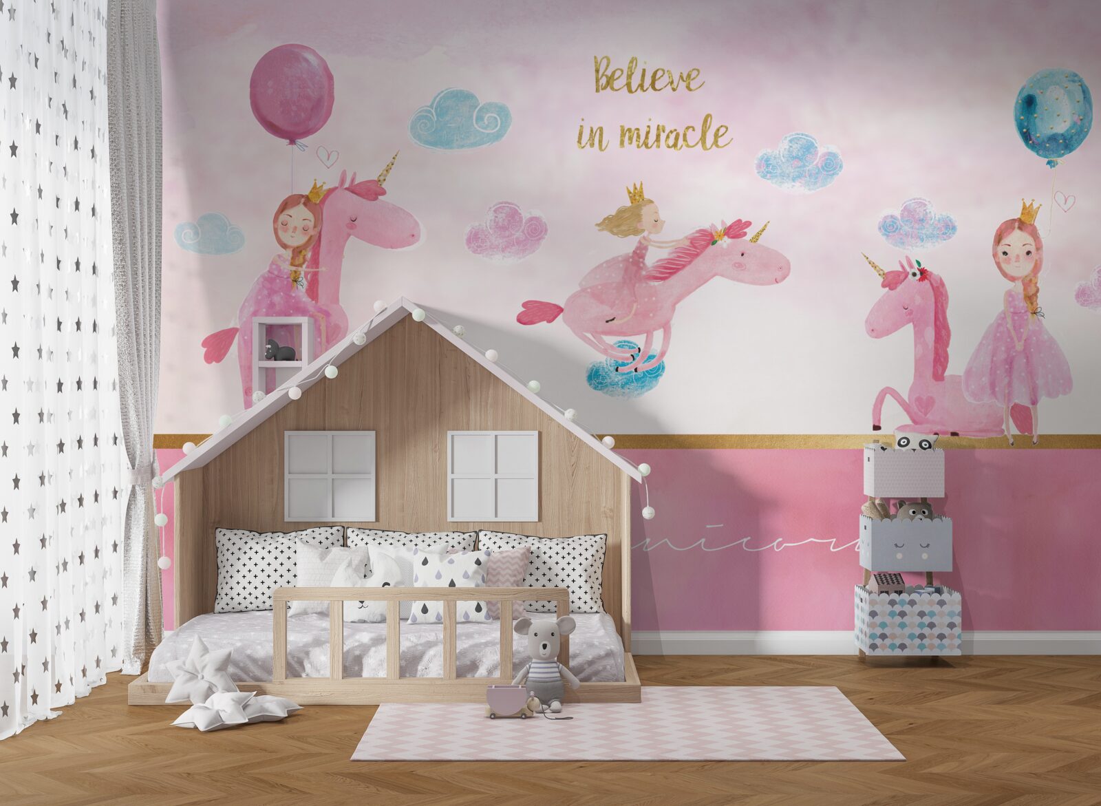 Fototapet prințese pe unicorni roz