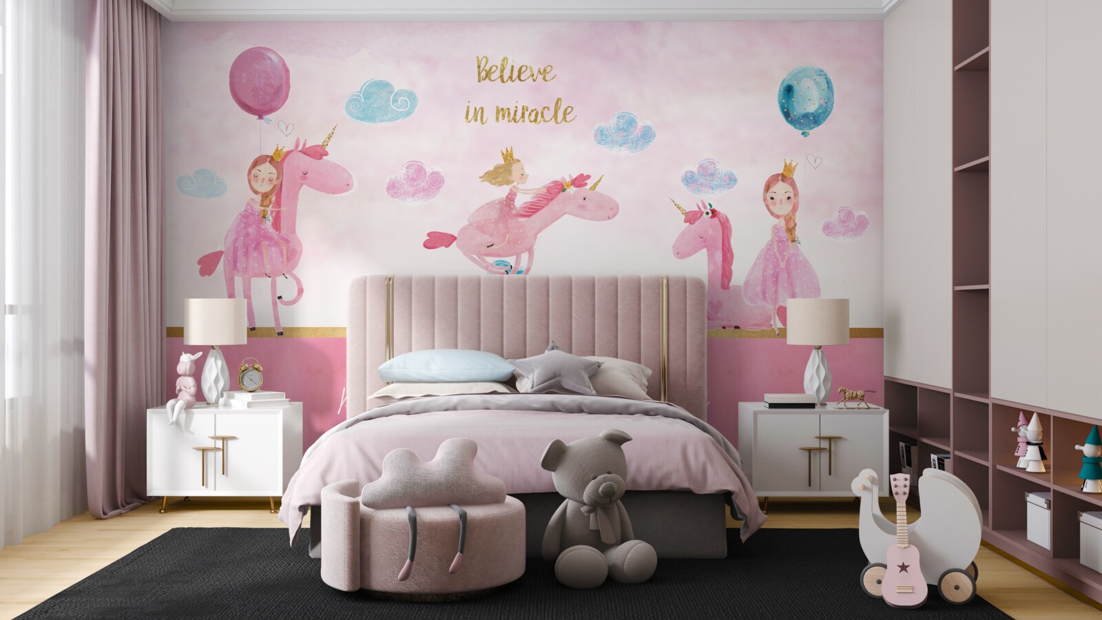 Fototapet prințese pe unicorni roz