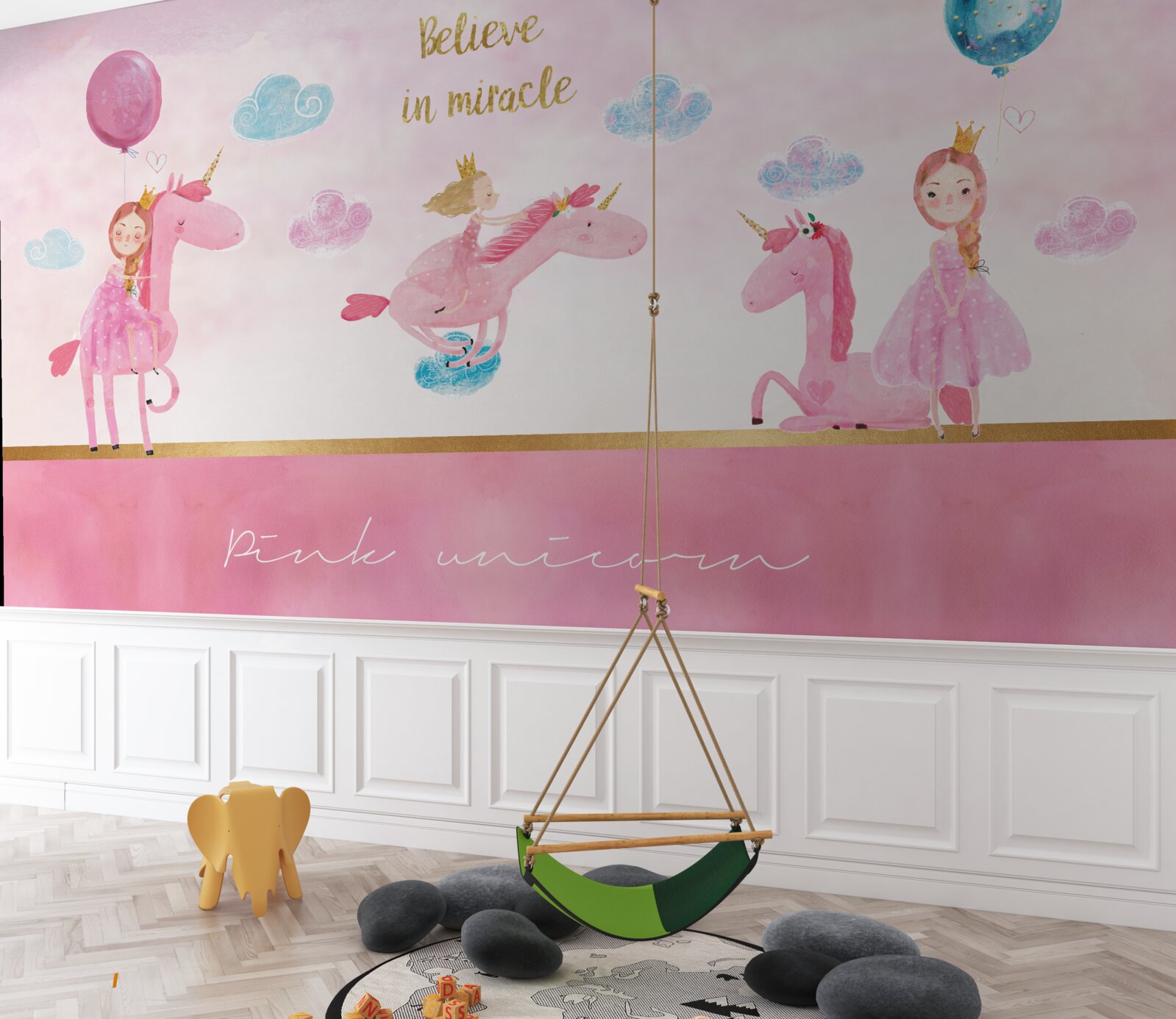 Fototapet prințese pe unicorni roz